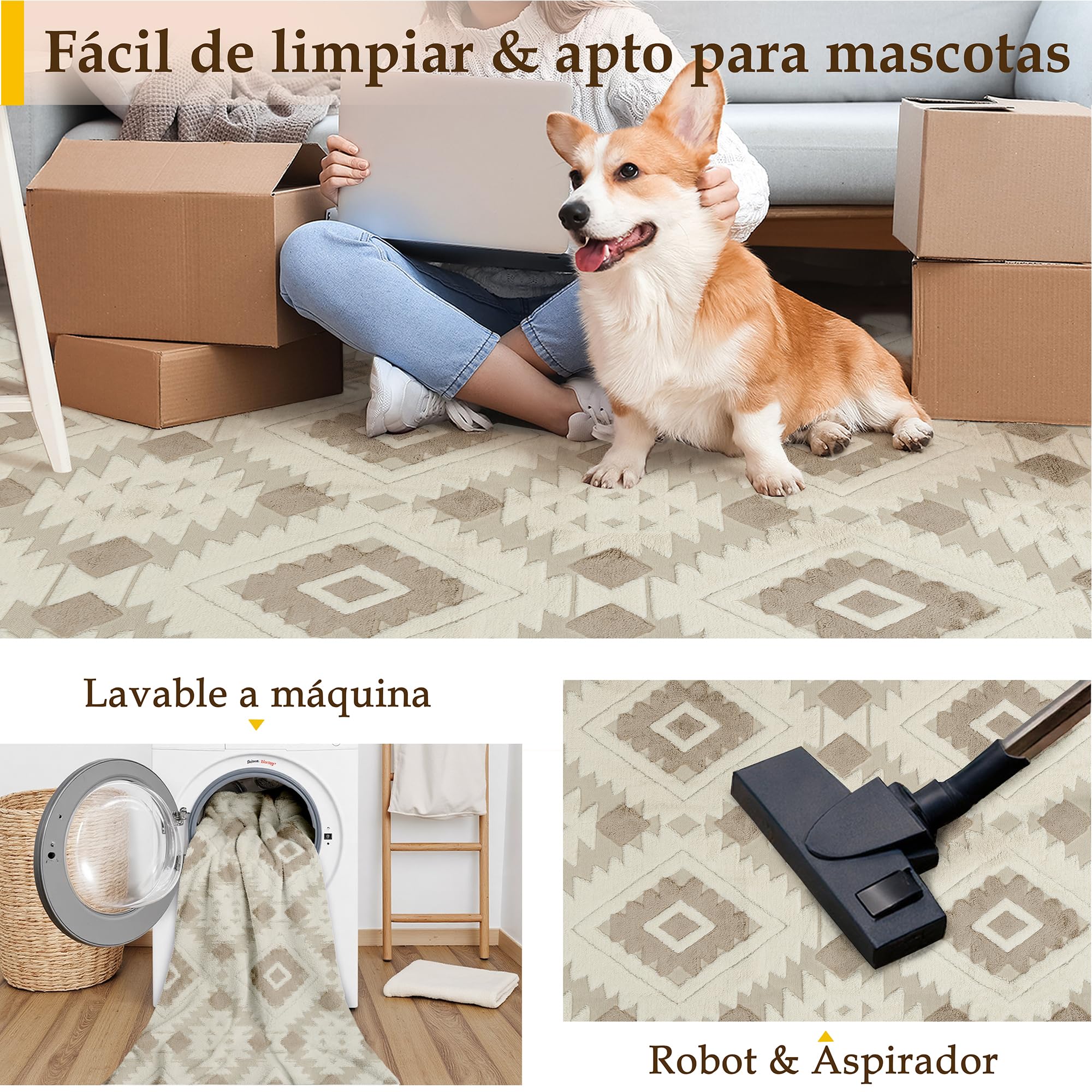 PureCozy Alfombra Salon 160x230cm Beige Marrón Habitacion Grande Alfombras Lavable Lavadora Antideslizante 3D Carpet Tapetes para Sala Dormitorio Comedor Modernas Pelo Corto Rombos Geométrica Carpets