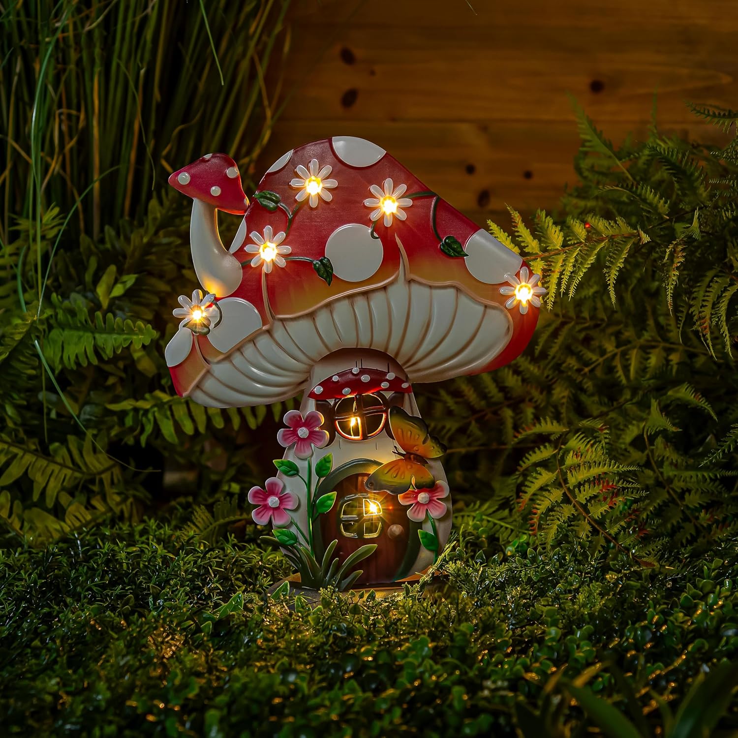 Evergreen Garden 16" LED Floral Mushroom House Garden Statue Outdoor, LED Light Mushroom House Garden Figurines for Lawn, Balcony, Yard, Outdoor Garden Decoration
