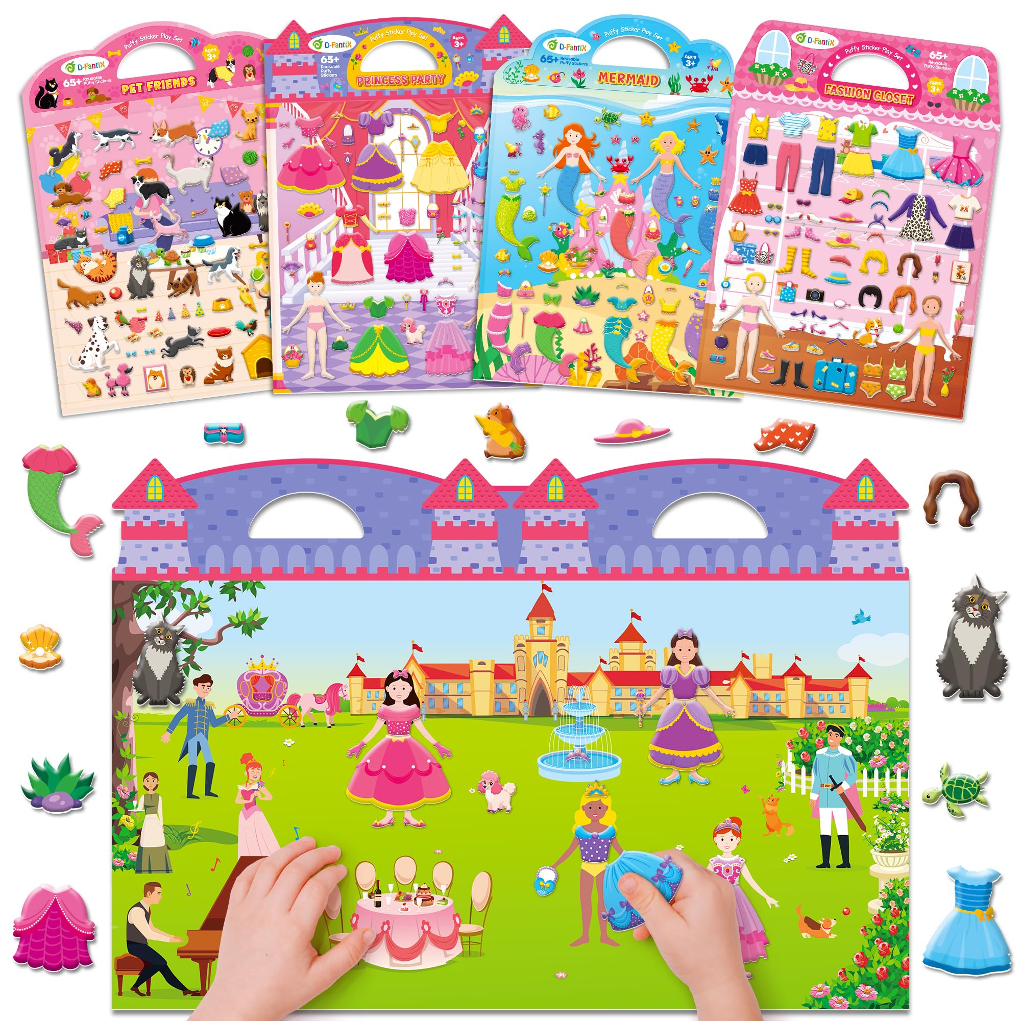 D-FantiX 3D Puffy Stickers for Toddlers 2-4 Years, Reusable Sticker Books for Girls Ages 4-8, Dress-Up, Princess, Mermaid