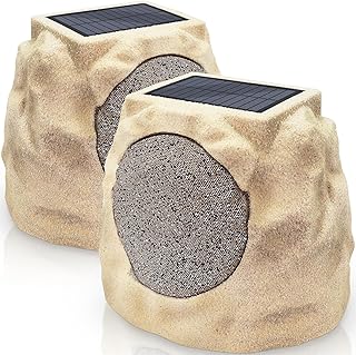 uuffoo Outdoor Speakers Waterproof 2pack for All Seasons & Solar Powered with Rechargeable Battery Rock Speakers Wireless Bluetooth with Colorful LED Light for Garden, Patio (2-Pc, Sand)