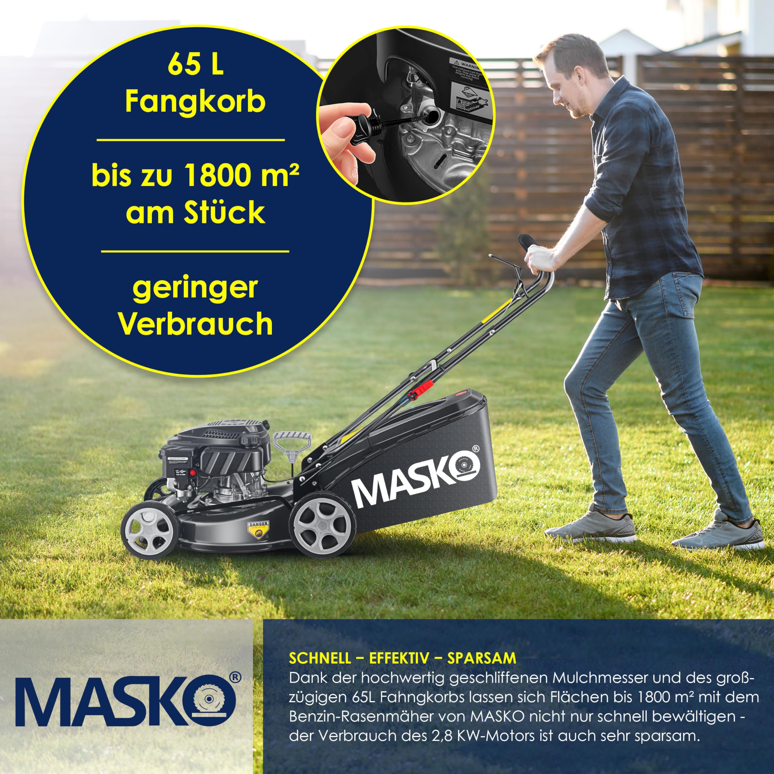 MASKO® Benzin Rasenmäher 5in1 | 51 cm Schnittbreite | 8- fache Schnitthöhenverstellung | 4 Takt OHV Motor 6,0 PS | 65 Liter Fangkorb| Inkl. Mulch- Kit, Seitenauswurf