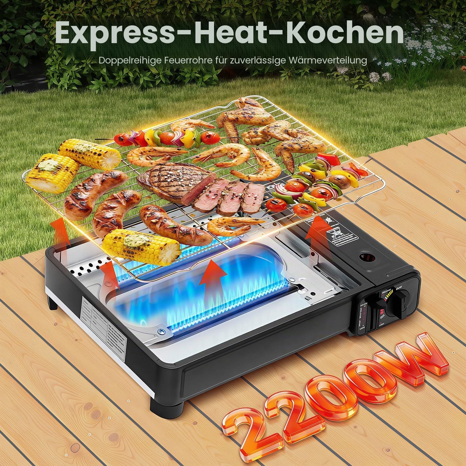 Camping Gasgrill & Gaskocher Outdoor, 2200W Tischgrill Gas Campinggrill Überspannungsschutz mit Fettbehälter, Koffer & 2 Grillnetz, Klein Tischgasgrill Tragbarer für Camping, Terrasse