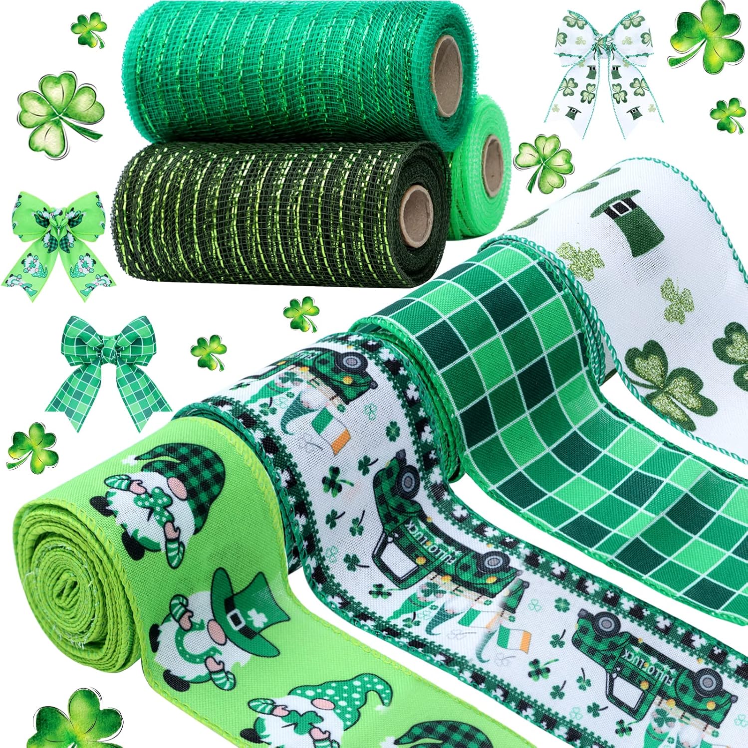 7 Rolls 43 Yards St. Patrick's Day Wired Edge Ribbons Buffalo Plaid Gingham Ribbon Metallic Poly Mesh Green Wrapping Ribbon Lucky Ribbon for Indoor Outdoor St. Patrick's Day Decoration Crafts Supplies