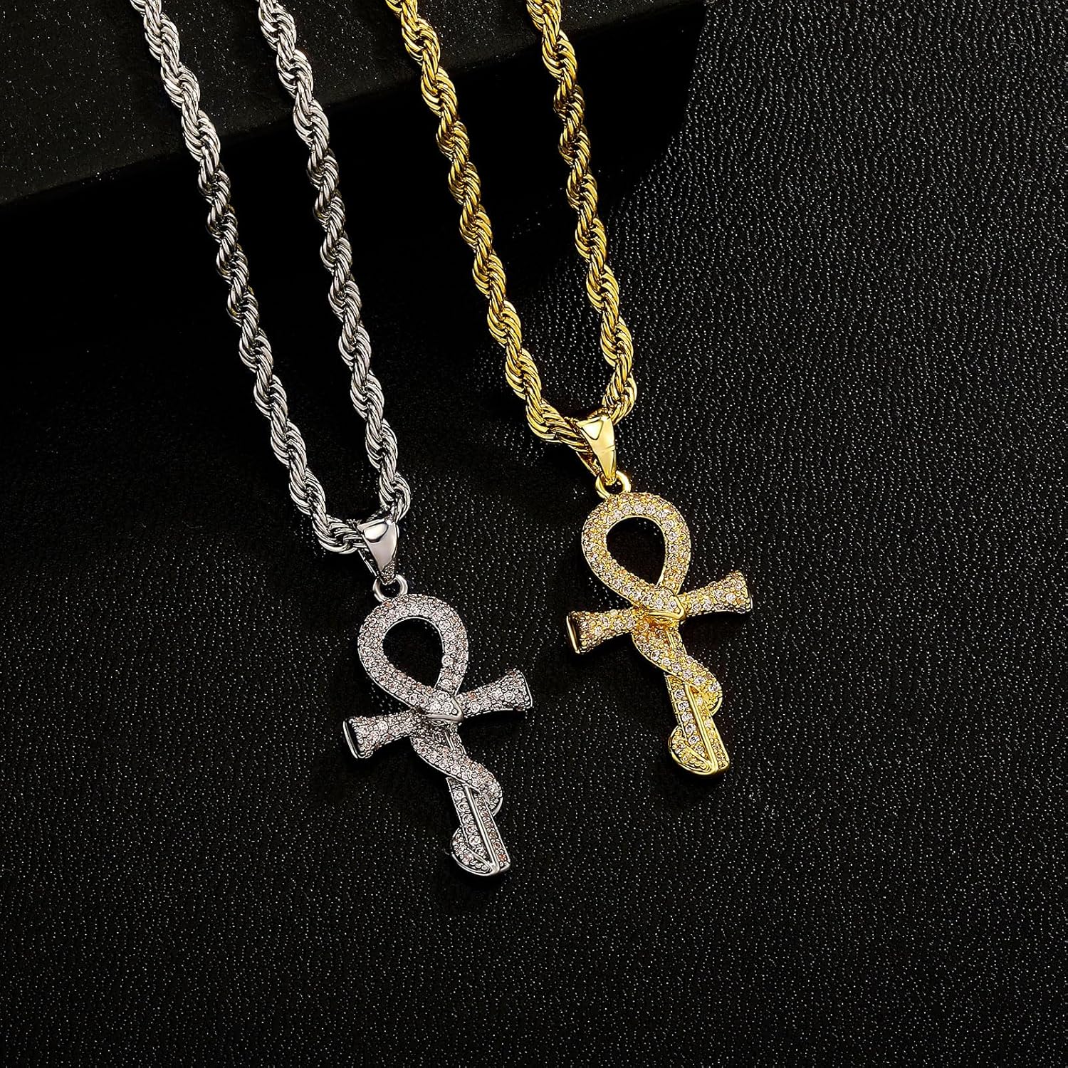JINAO Ankh Cross Necklace for Men 14K Gold Plated - Snake Coiled Egyptian Symbol Cross Pendant with 5A Cubic Zirconia, 24" Rope Chain Men’s Jewelry - Image 8