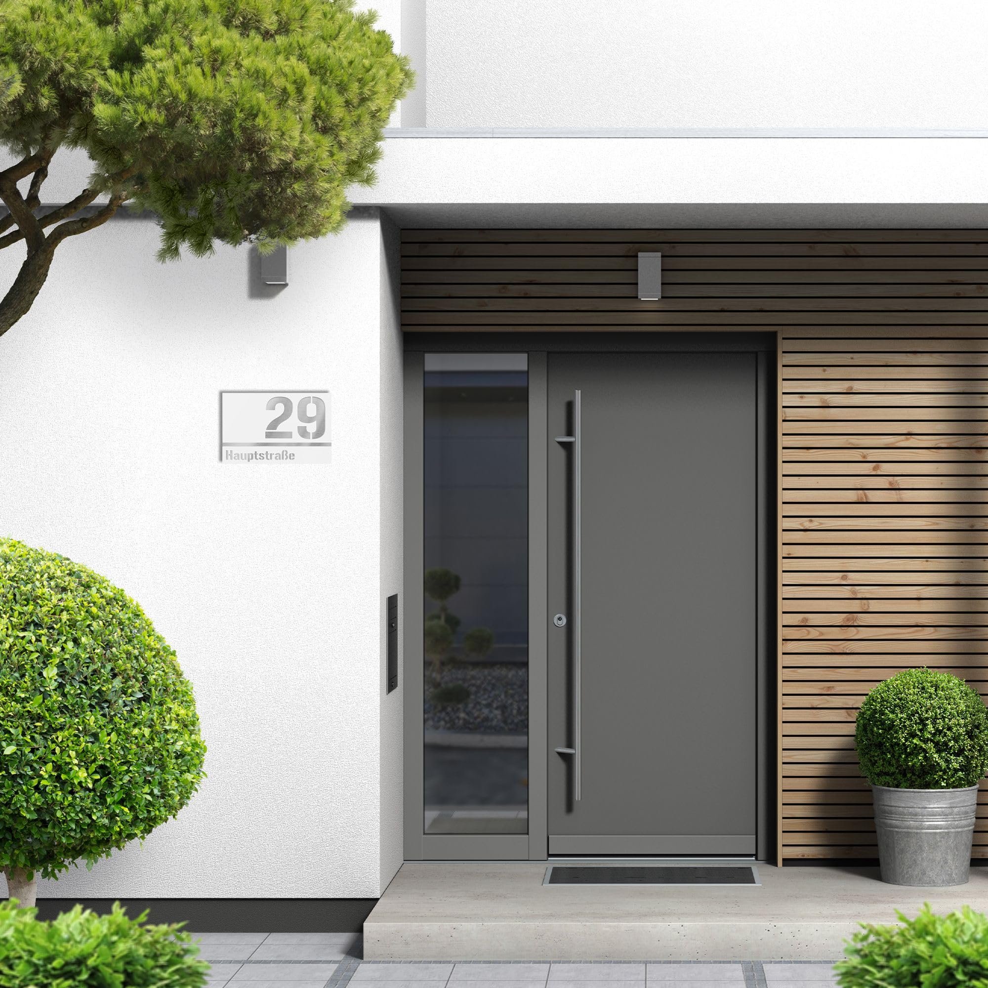 targhetta numero civico a due righe da esterno – 215x150 mm, bianco, acciaio inox V2A (AISI 304), personalizzabile