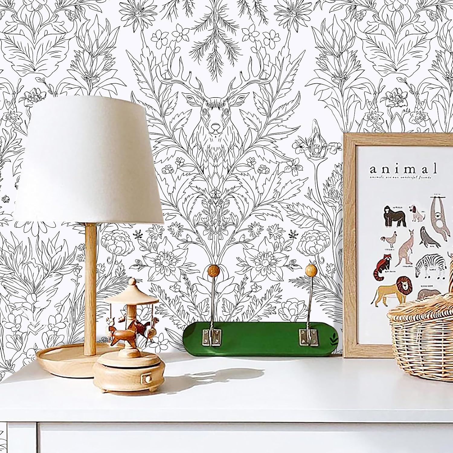 Black and White Deer Wallpaper 17.3"×1200" Nature Plant Peel and Stick Wallpaper Contact Paper Removable Self Adhesive Vinyl Wall Paper for Bedroom Living Room Cabinet