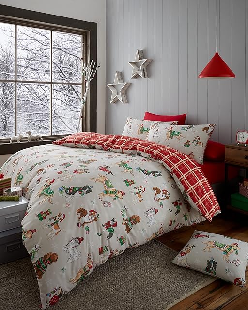 Happy Linen Company Christmas Dogs Taupe Natural Super King Reversible Duvet Cover Bedding Set
