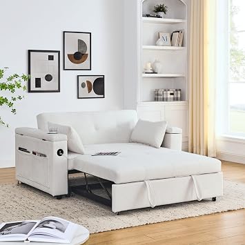 54" Pull Out Sleeper Sofa Bed Double Seat Recliner Sofa Bed with Armrests with Storage and Side Pockets, Adjustable Backrest and Lumbar Pillow for Apartments, Living Rooms, etc. with USB Power Outlet
