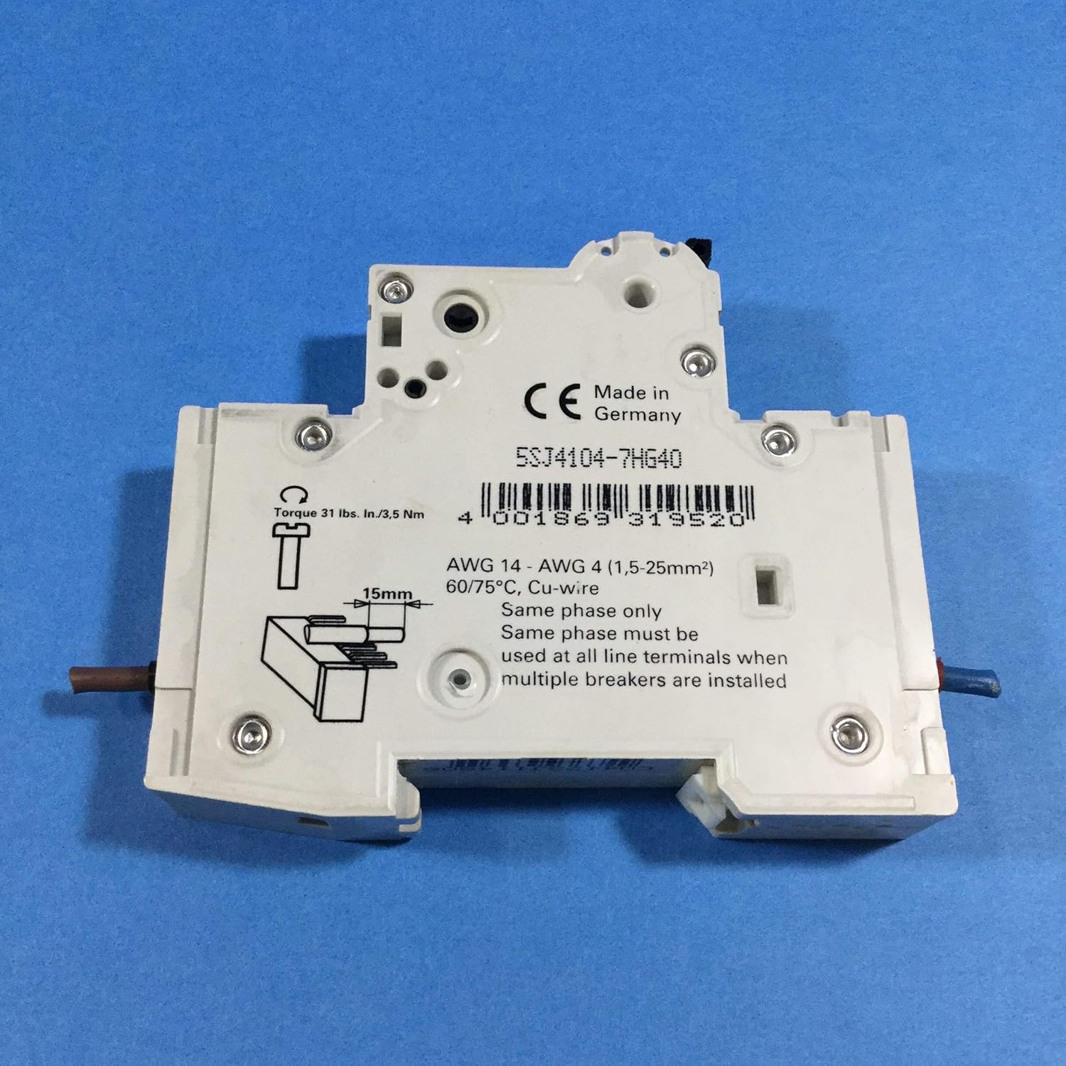 Siemens 5SJ41047HG40 Miniature Circuit Breaker, UL 489 Rated, 1 Pole Breaker, 4 Ampere Maximum, Tripping Characteristic C, DIN Rail Mounted, Type HSJ, 240 VAC, 60 VDC