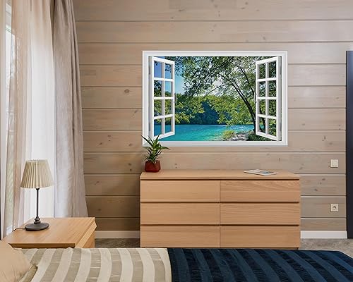 Miniatura 3 de FLFK Mural de pared falso para ventana, diseño de lagos en la jungla para decoración de pared, calcomanías de pared para pegar y despegar, 48 x 32