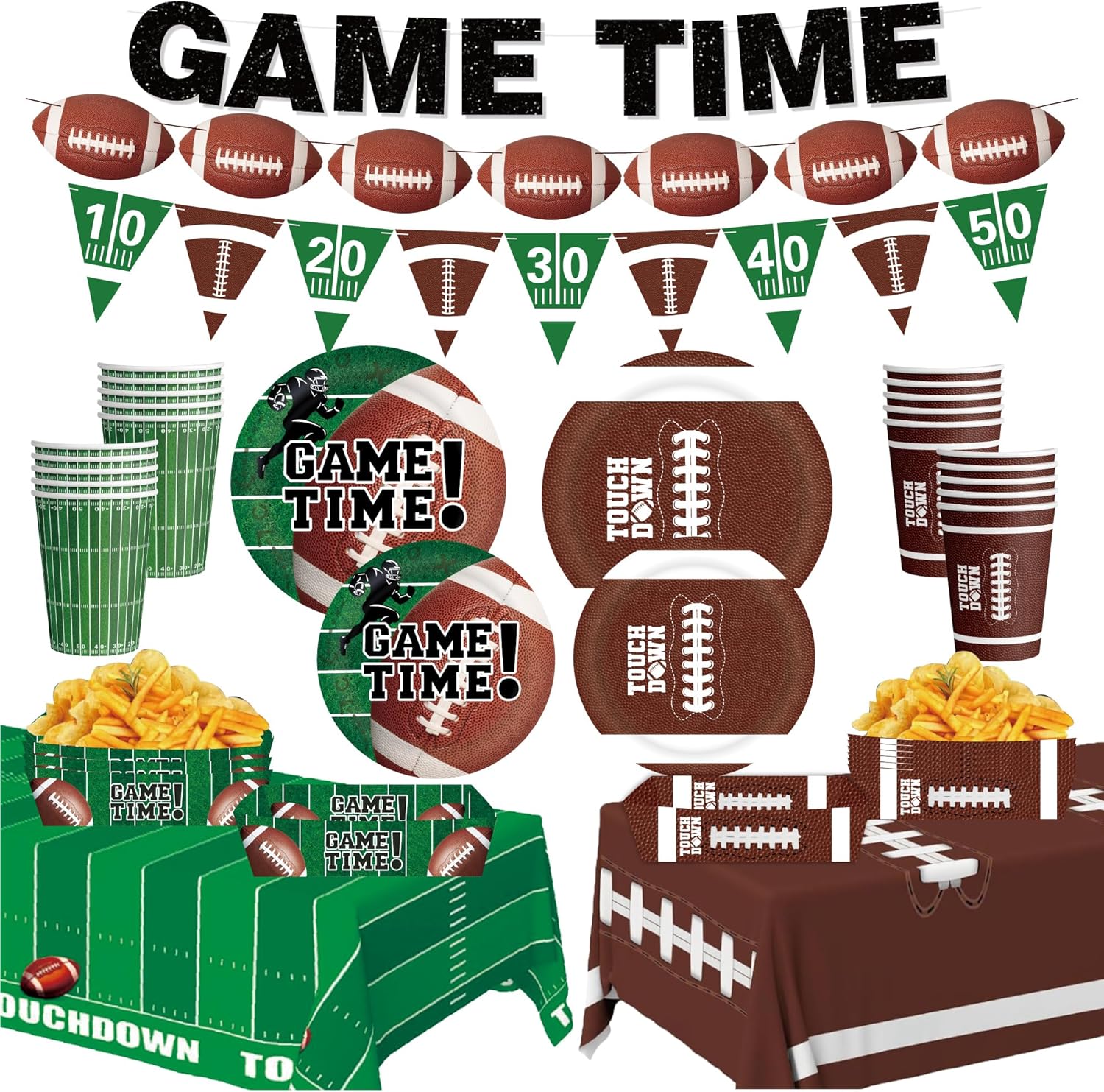 Football Party decorations Kit Serve 24,game time banner,Includes Dinner Plates, Dessert Plates,Cups,Serving Tray,Banner and Touchdown Tablecloth for Football Birthday Party Football Game time