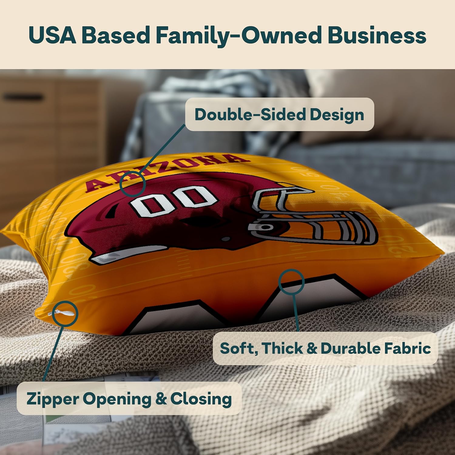 Personalized Football Custom Pillow - USA Made - Sports Decor for Football Fans - American Football Custom Fan Gift with Helmet Number, Name, City, and Team Colors (20"x20" - Cincinnati)