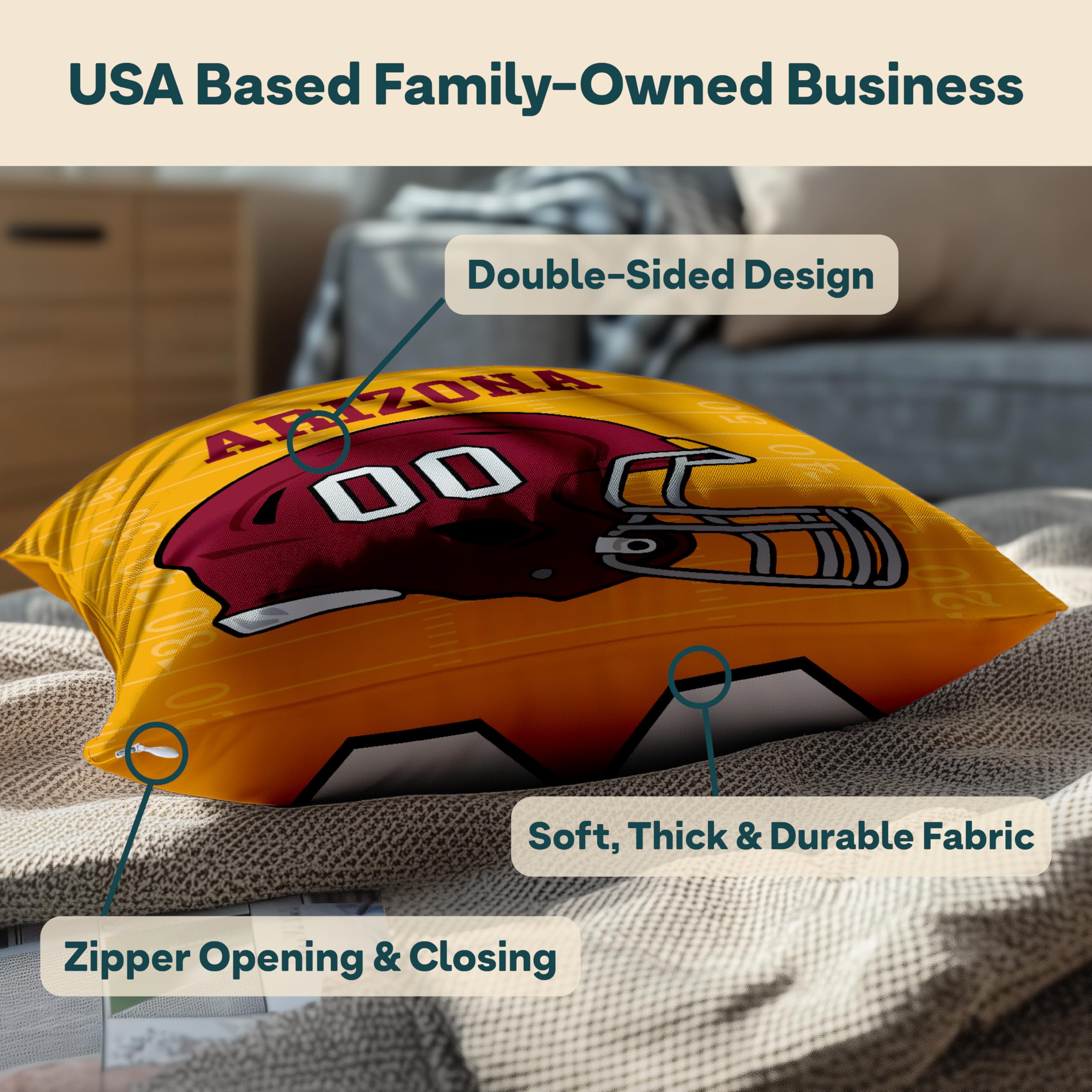 Personalized Football Custom Pillow - USA Made - Sports Decor for Football Fans - American Football Custom Fan Gift with Helmet Number, Name, City, and Team Colors (16