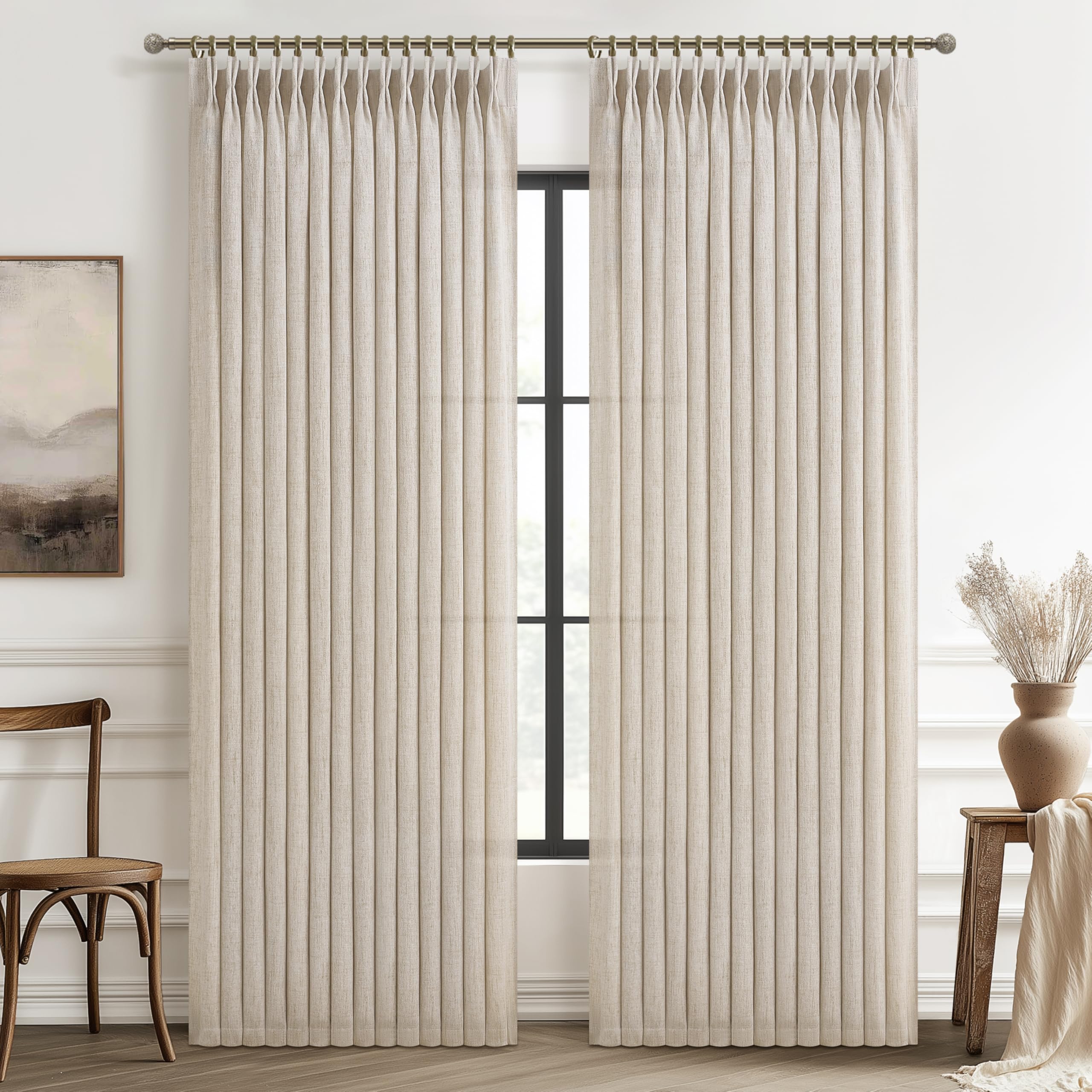 Photo 1 of PleatedDrapes 70 Inch Extra Wide Natural Linen Light Filtering Curtains 92 Inches Long for Office, Memory Shape Pleat Privacy Neutral Curtain with Hooks & Rings Semi Sheer Windows Drapes 2 Panels Set
