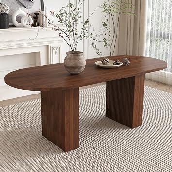 cinkehome 63" Oval Dining Table for 4-6, Mid-Century Modern Wooden Table with Wood Strip Base, Farmhouse Kitchen Table for Dining Room, Living Room, Walnut