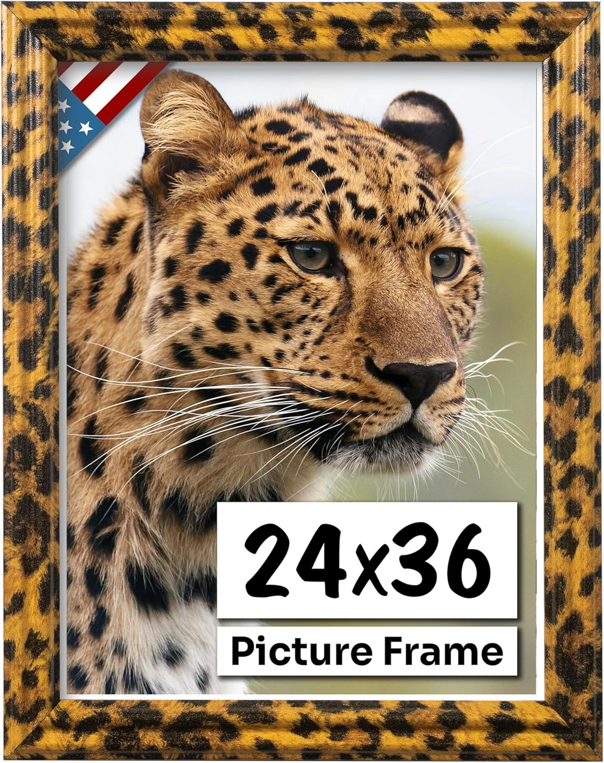 US Art Leopard Print 24x36 Picture Frame .75" Inch Wide - Safari Leopard Print Wall Decor Handmade Solid Wood Frames with Preinstalled Hangers and UV Blocking Plexiglass 36x24 Frame