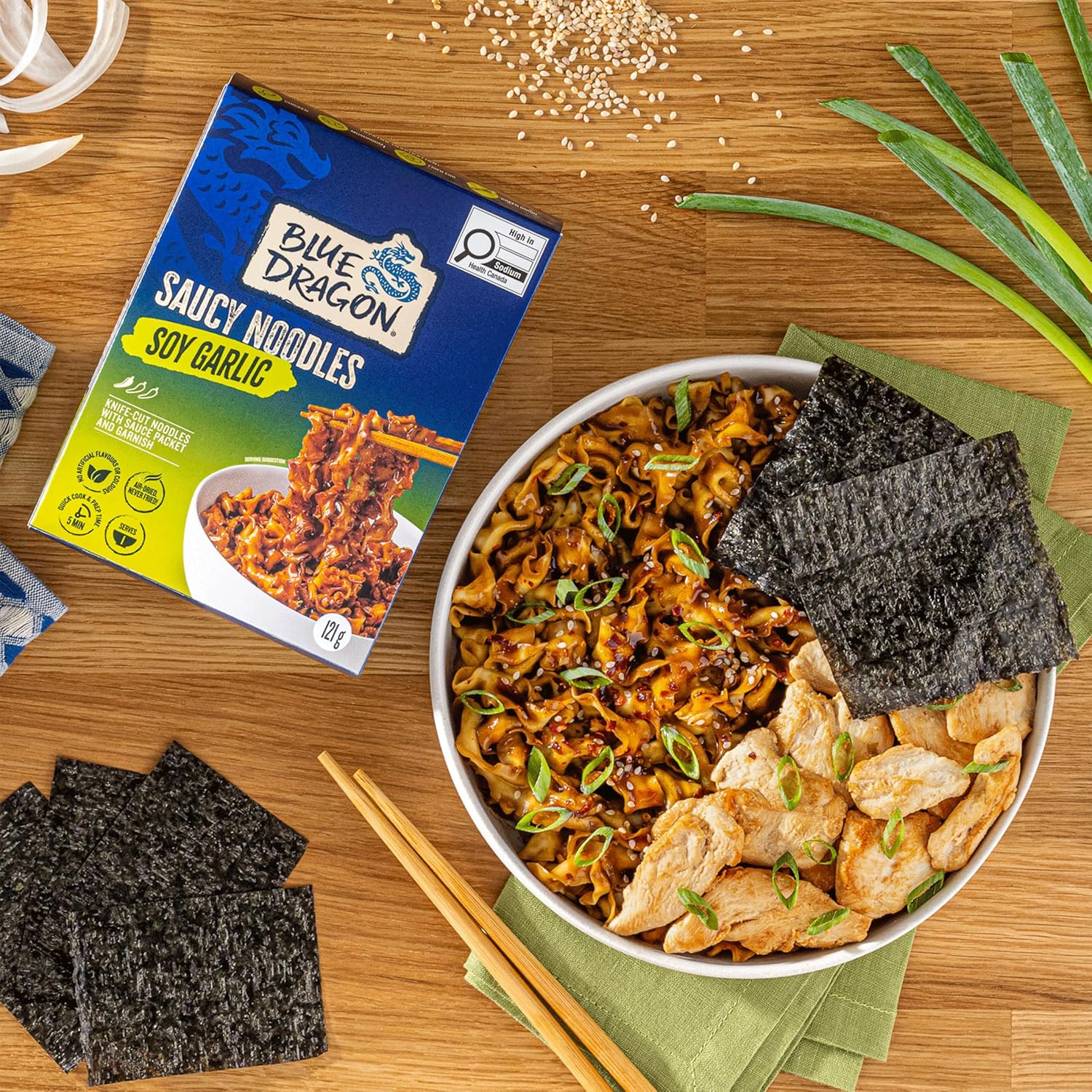 Blue Dragon Soy Garlic Saucy Noodles - 4.2oz (Pack of 6) - Knife Cut Air Dried Noodles w/Soy Garlic Sauce & Chili Garnish - Quick & Easy Meal with Authentic Asian Flavors - Perfect Mild Spicy Noodles