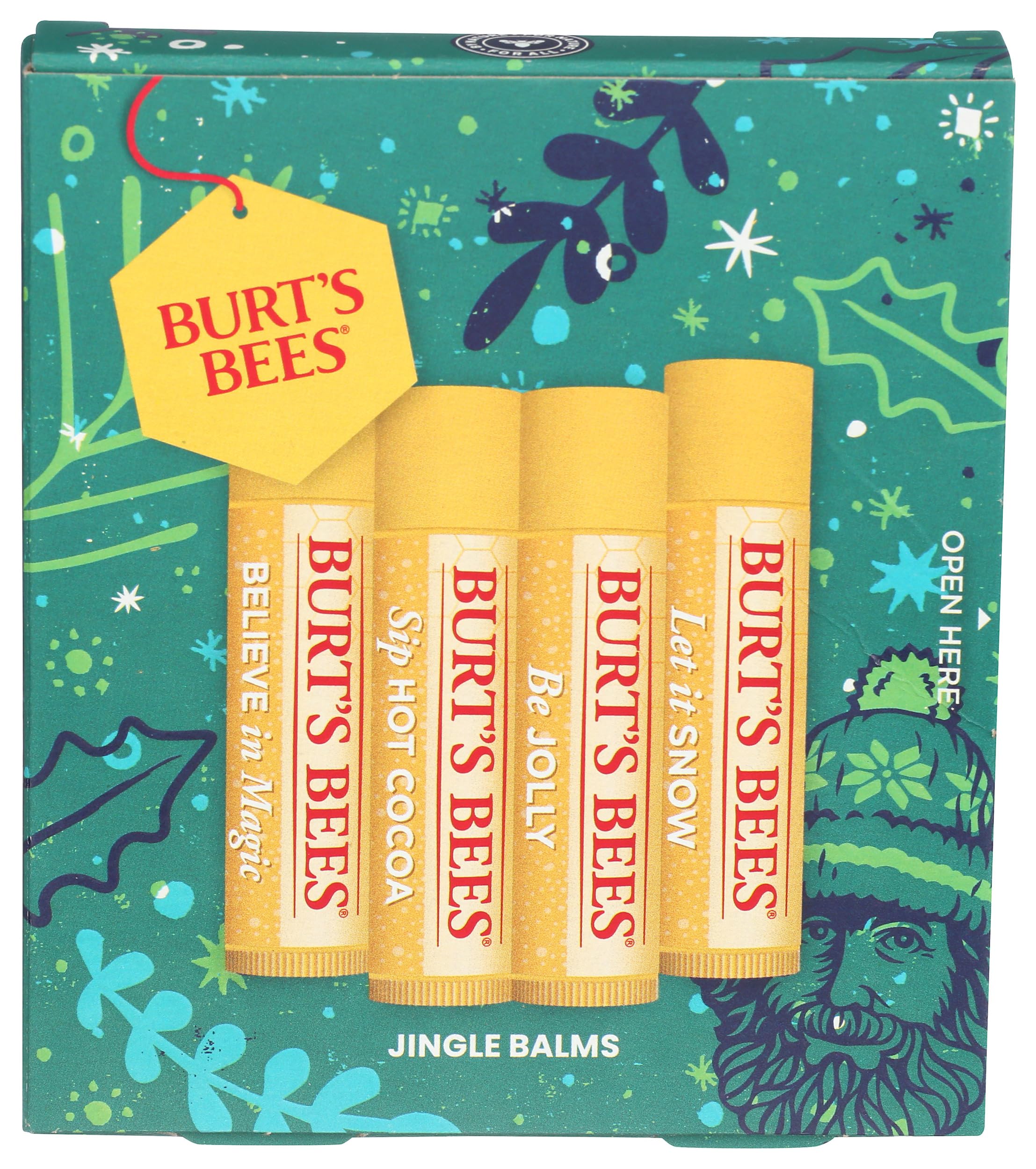 Burts Bees Jingle Balms by Burts Bees for Unisex – 4 Stück 0,15 oz Lip Balm – Let Is Now, 15 oz Lip Balm – Be Jolly, 0,15 oz Sip Hot Cocoa, 0,15 oz Lip Balm – Believe in Magic
