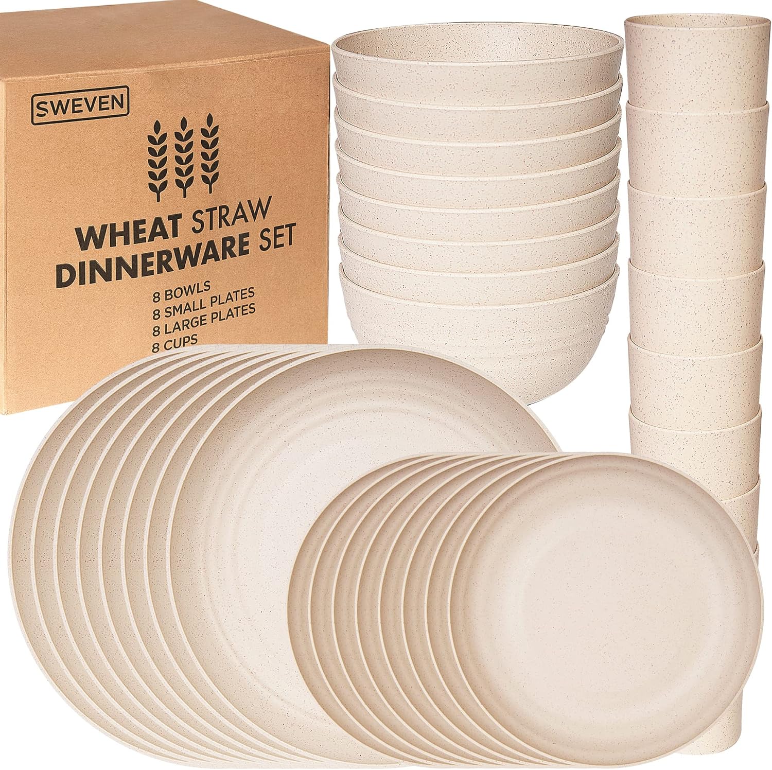 Wheat Straw Dinnerware Sets | Unbreakable Dinnerware Sets | Dishwasher Microwave Safe Dinnerware | Eco Friendly Non Breakable Dinnerware Sets | RV Outdoor Camping (Beige, Service for 8 (32 pcs)) Service for 8 (32 pcs) Beige