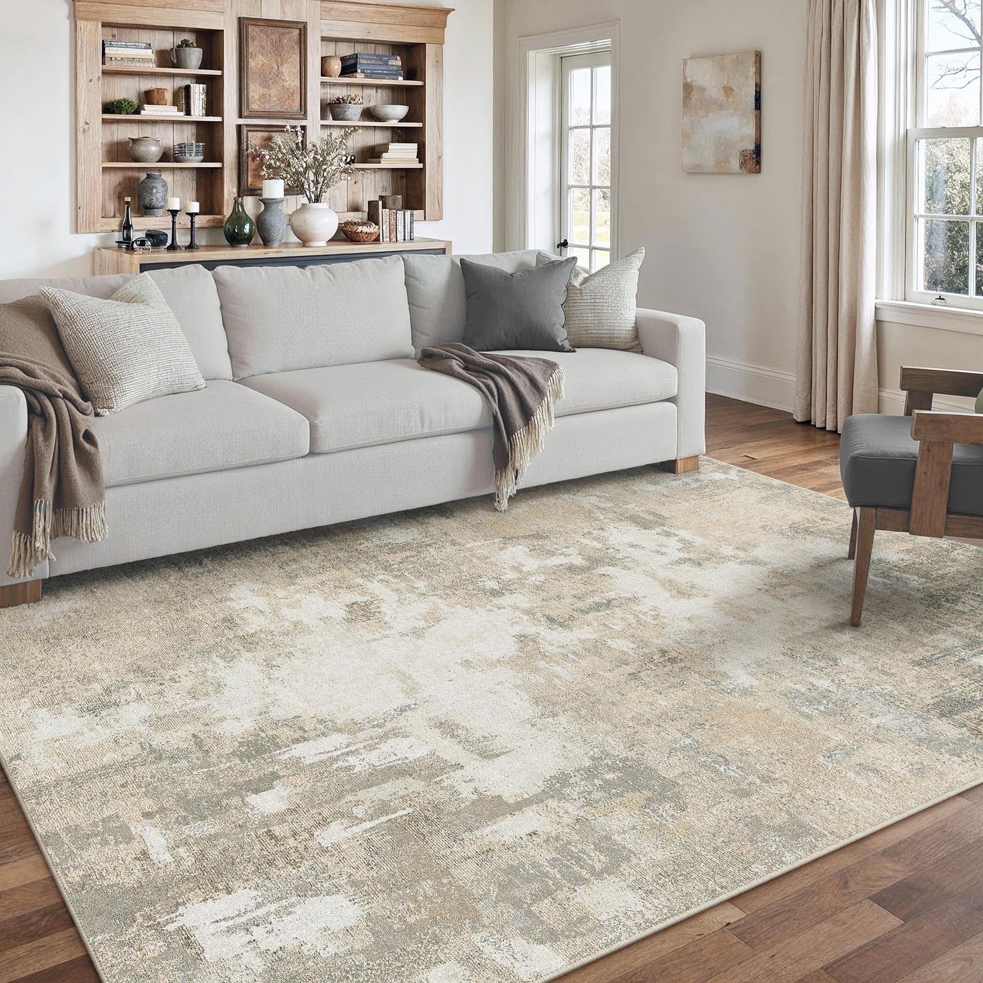 PureCozy Beige Area Rug Modern Abstract Rugs Living Room Large 160x230cm Non-Slip Carpet Lightweight Short Pile Washable Floor Rug for Bedroom Dining Room Nursery Lounge Home Office Decor