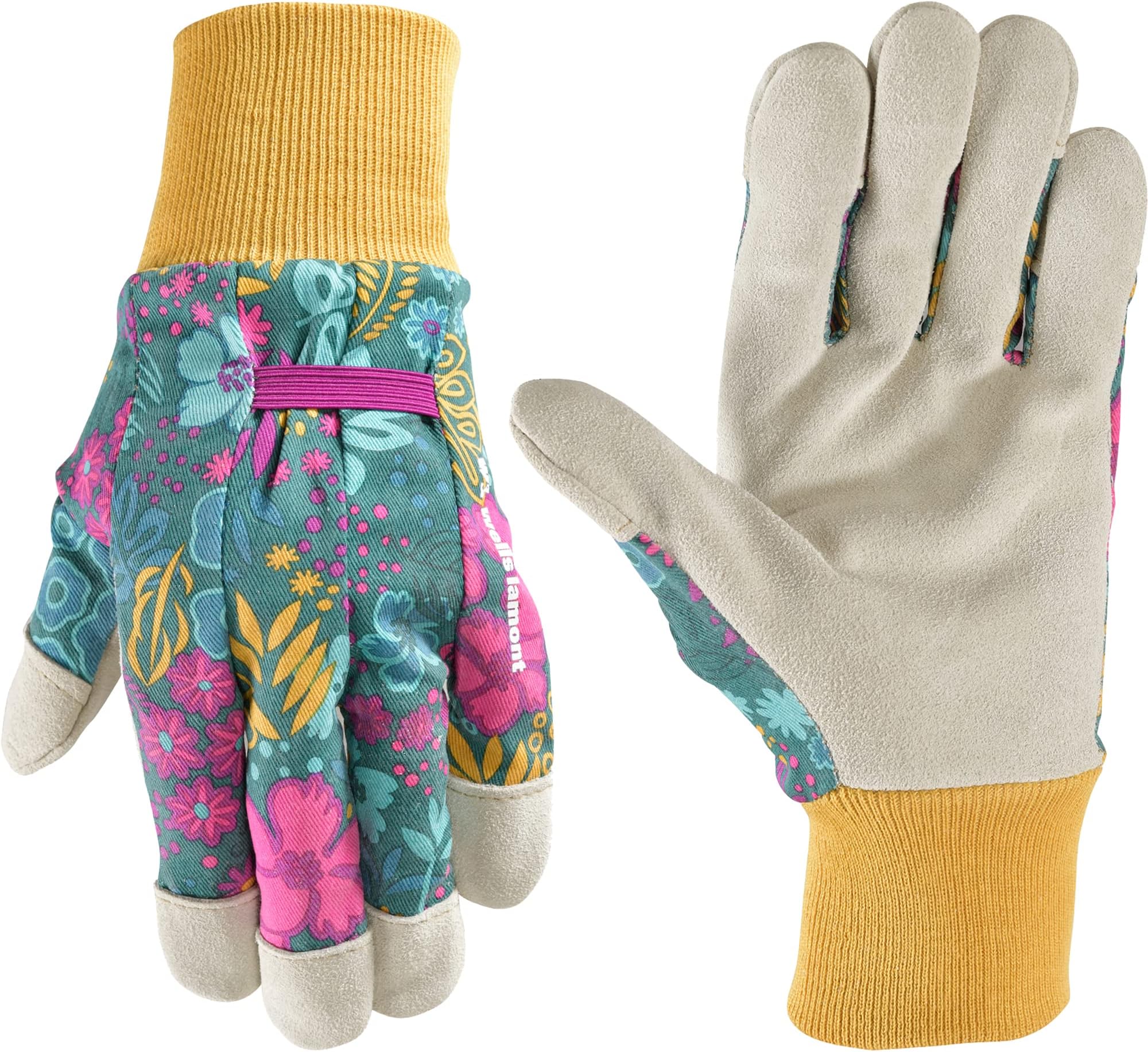 Wells Lamont Women's Botanical Print Leather Palm Work and Gardening Gloves, Large (4182L)