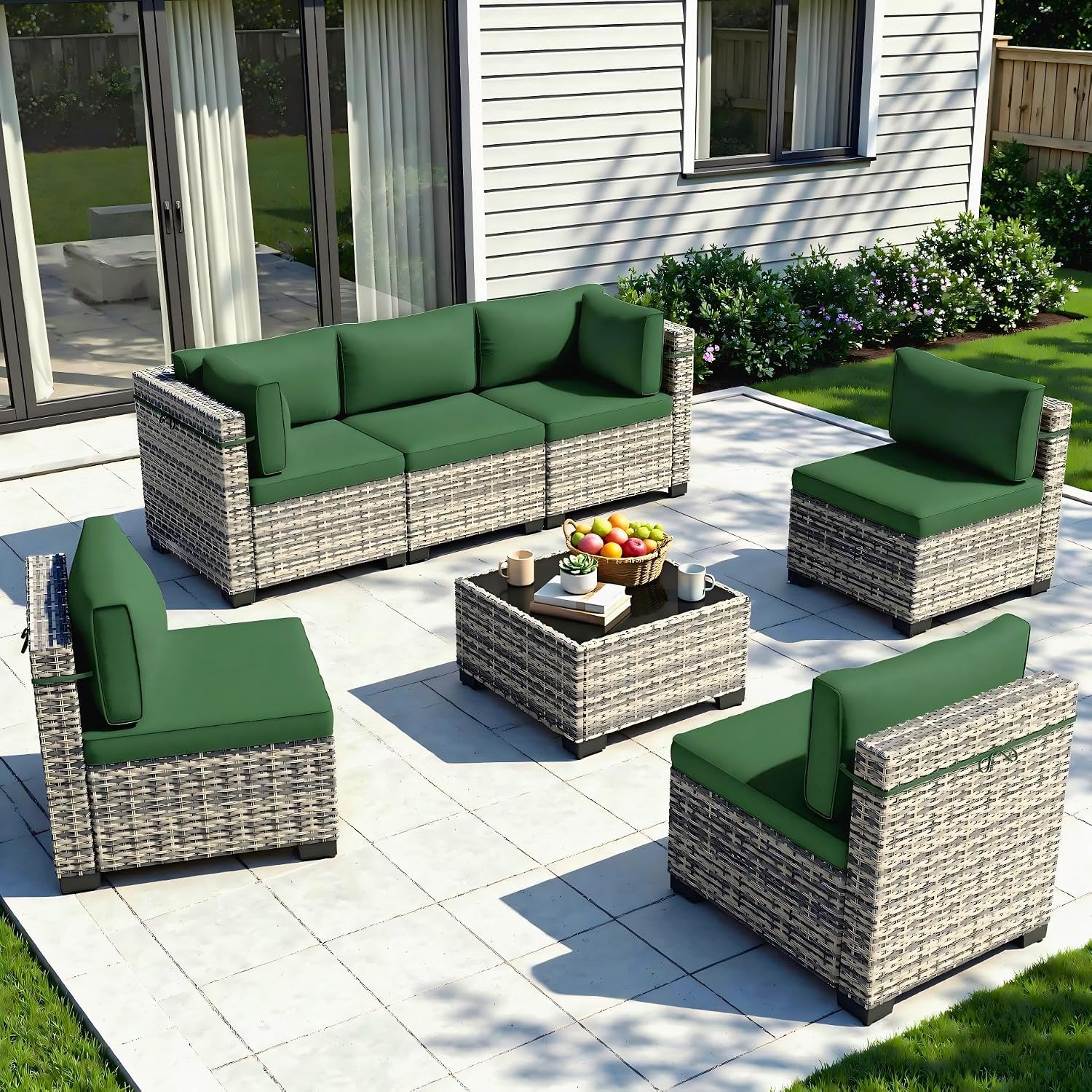 7-Piece Patio Furniture Set, Outdoor Sectional with Thick Cushions, Modular Patio Sofa, Dual-Strand Wicker Rattan, Rust-Resistant Frame, Backyard Furniture for Garden, Deck, Dark Green