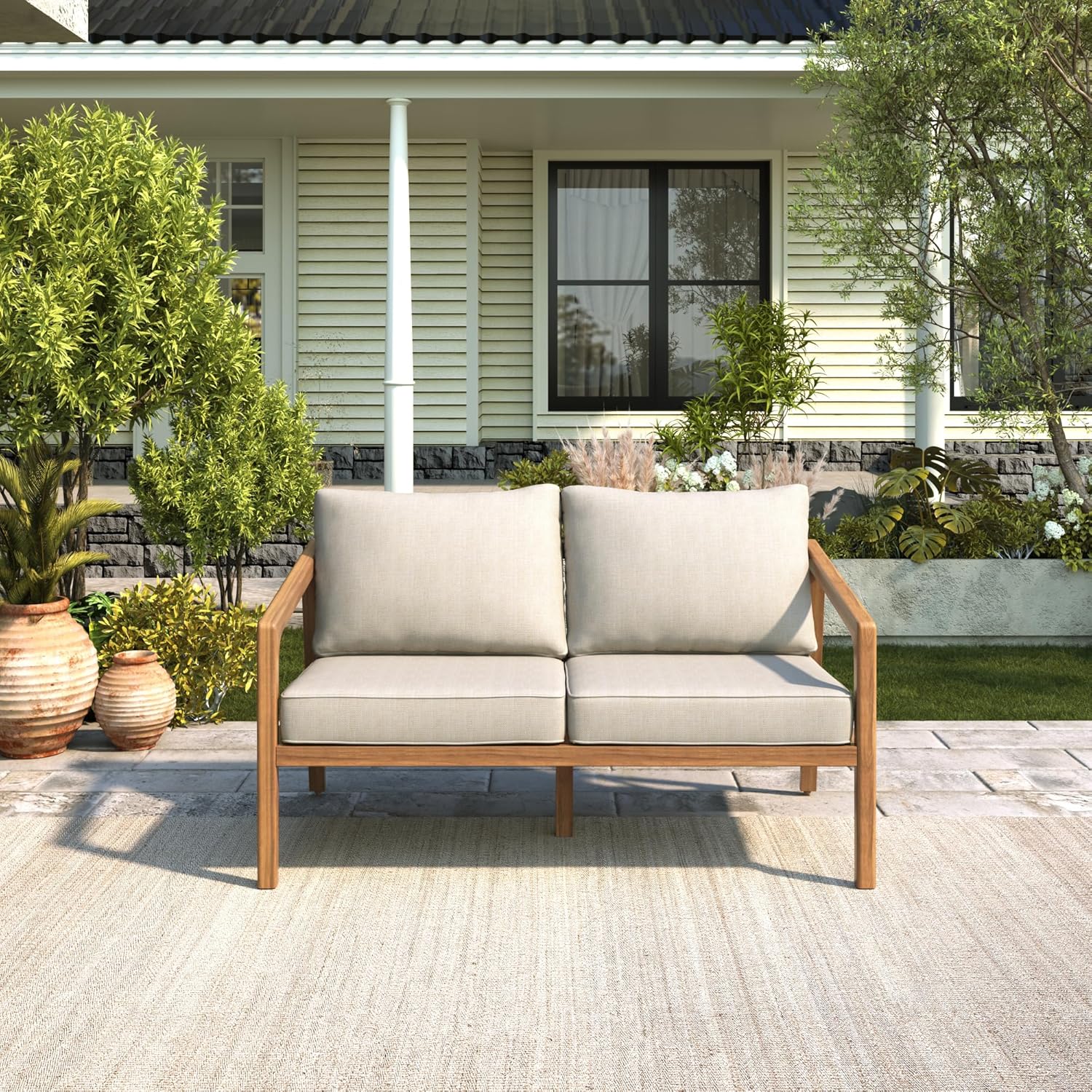 Merax 1 Piece Patio Outdoor Furniture Set, All-Weather Acacia Wood Coffee Table for Porch, Lawn, Backyard, Balcony Teak+ Beige