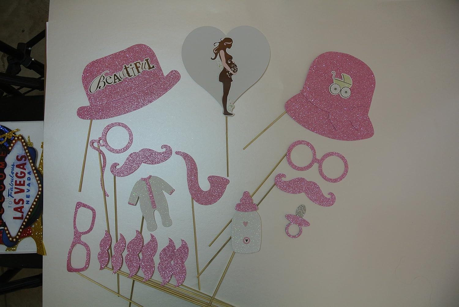Baby Shower Its a Girl 17 Pc Photo Booth Party Props Blue Photo Booth Props Mustache on a Stick Tiara Mustaches Bowler hat Top Hat.