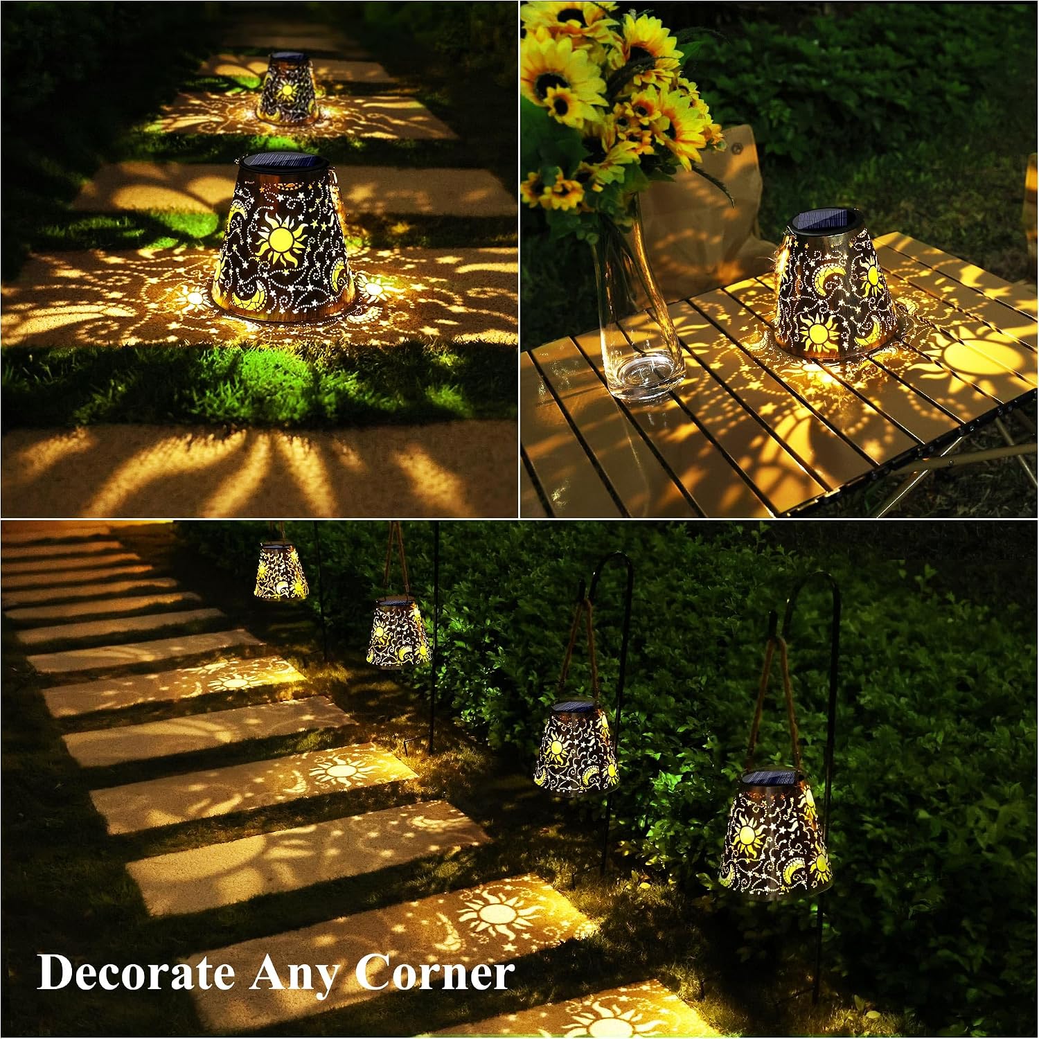 Toodour Solar Lantern Outdoor, Upgrade Hanging Solar Lights Garden Decor, Waterproof Hollow Out Retro Metal Sun & Moon Decorative Lights for Patio, Balcony, Yard, Walkway