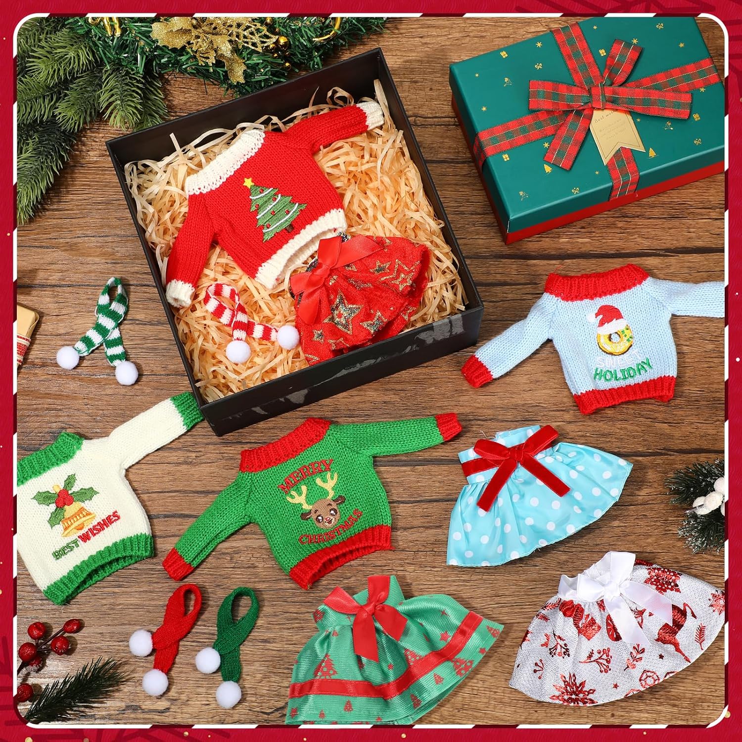 12Pcs Christmas Elf Accessories Christmas Elf Doll Clothes Colorful Doll Skirts Scarves Sweaters Handmade Knitted Clothing with Xmas Tree Bells Elk Xmas Outfit, Dolls Not Included