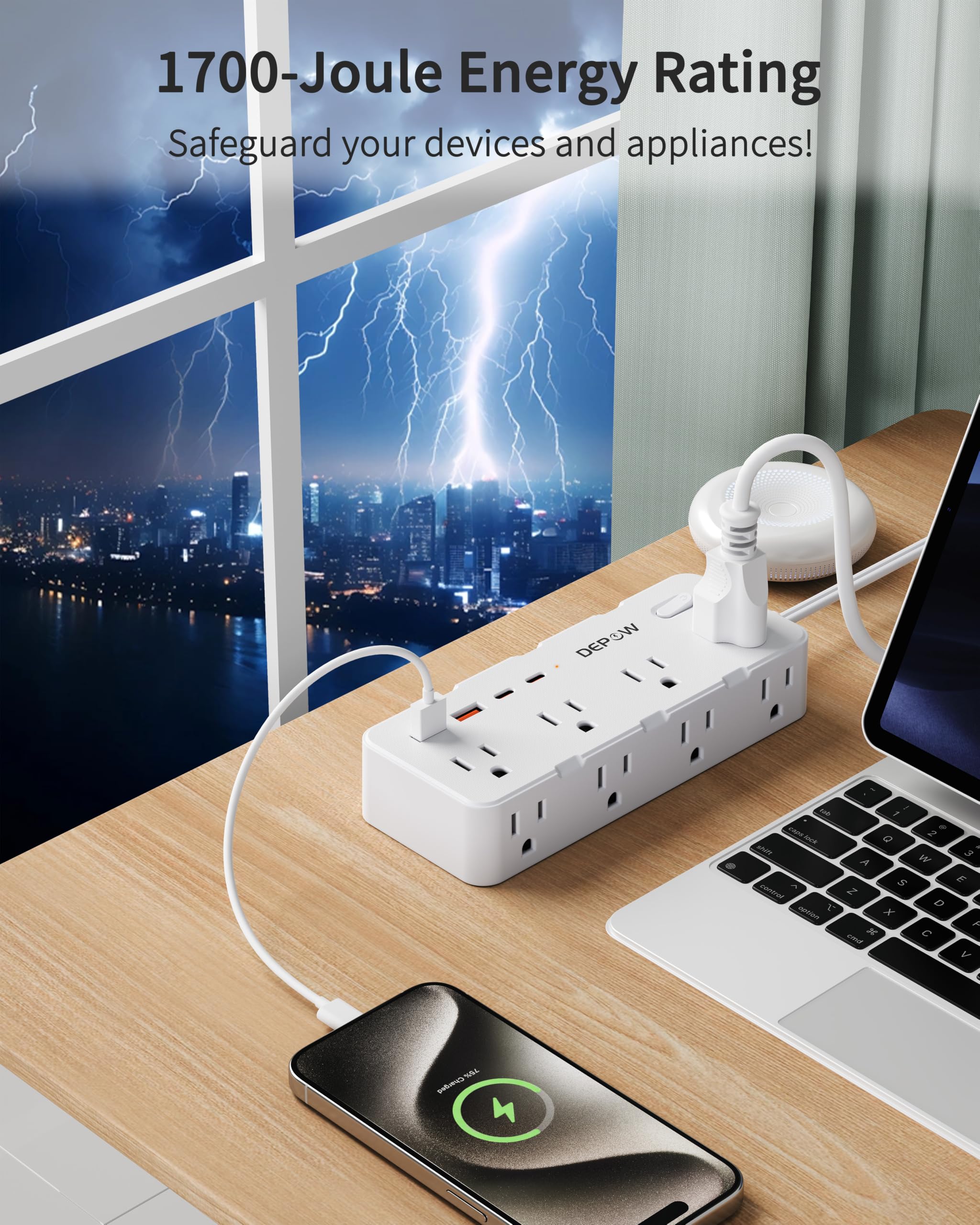 DEPOW - 2-pinowa listwa zasilająca, przedłużacz 5 stóp z wieloma gniazdami, 8 wyjść AC, 4 porty USB (2 USB C), stacja ładująca z wtyczką flagową, ochrona