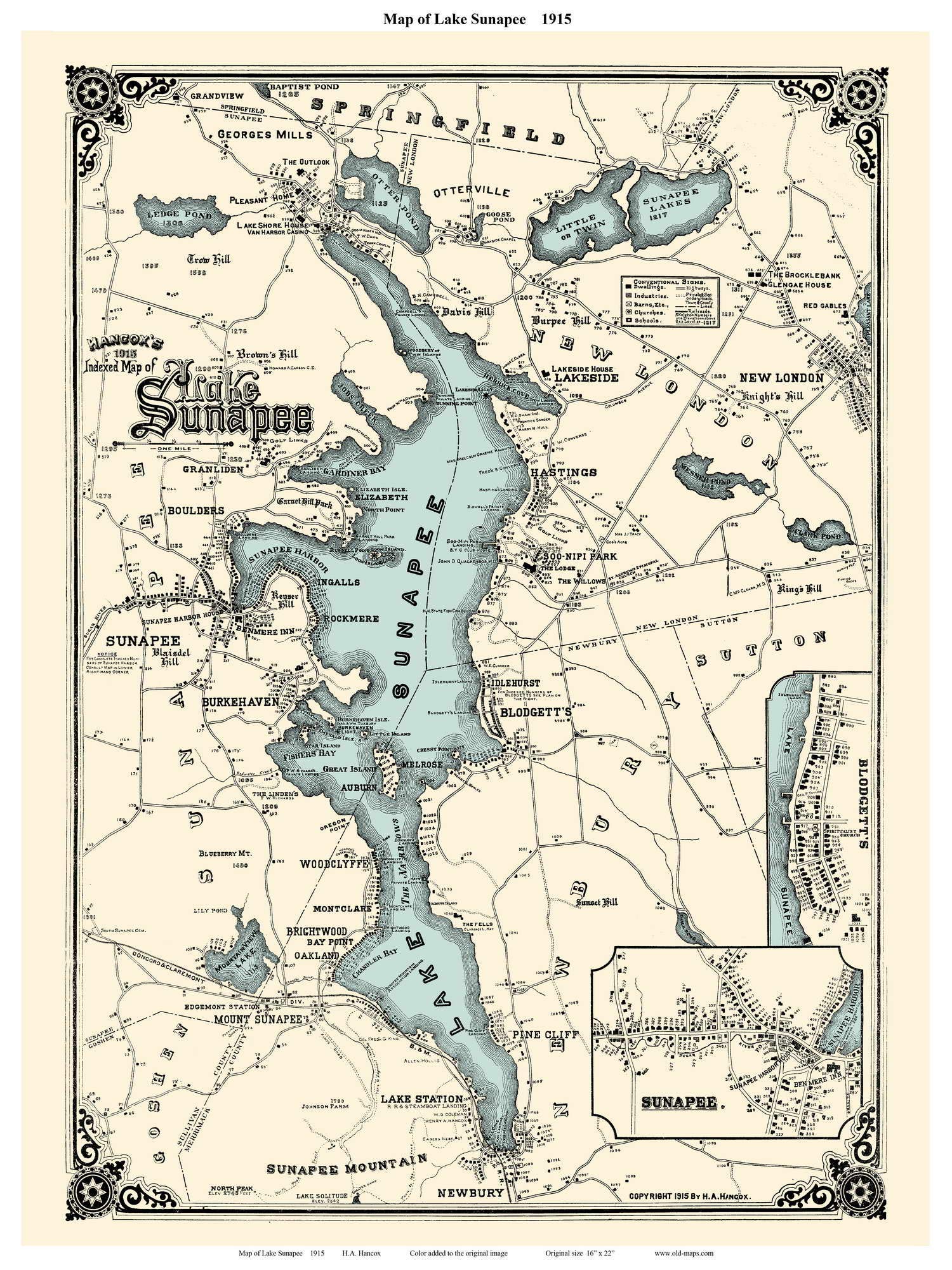 Lake Sunapee NH 1915 Map - House Sites - by Hancox - Custom Reprint Colored Water - New Hampshire