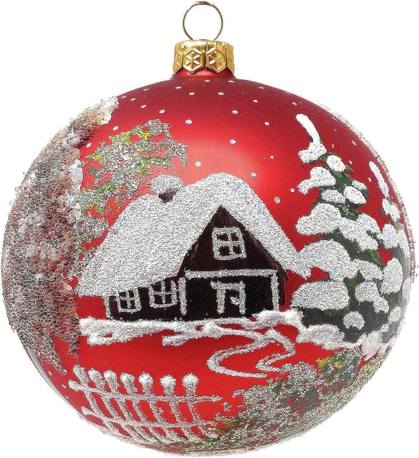 Christmas Ornament Countryside Church and Log Houses Landscape Blown Glass Ball Red Matte 5-inch Ø / 120mm