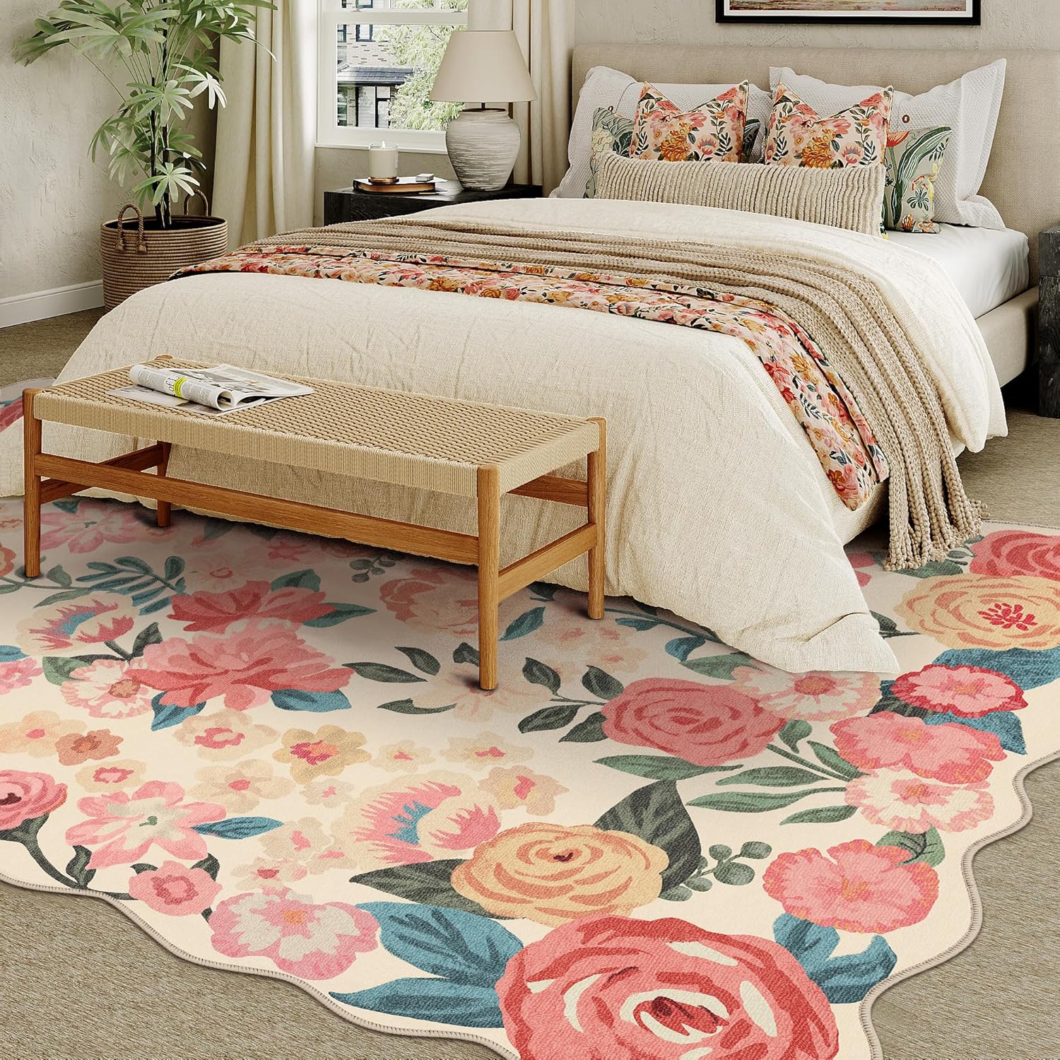 PureCozy Washable Floral Area Rug 6x9 Beige Living Room Large Carpet Bedroom Scalloped Flower Non Slip Soft Throw Rug Farmhouse Low Pile Thin Indoor Floor Cover for Dining Room Office
