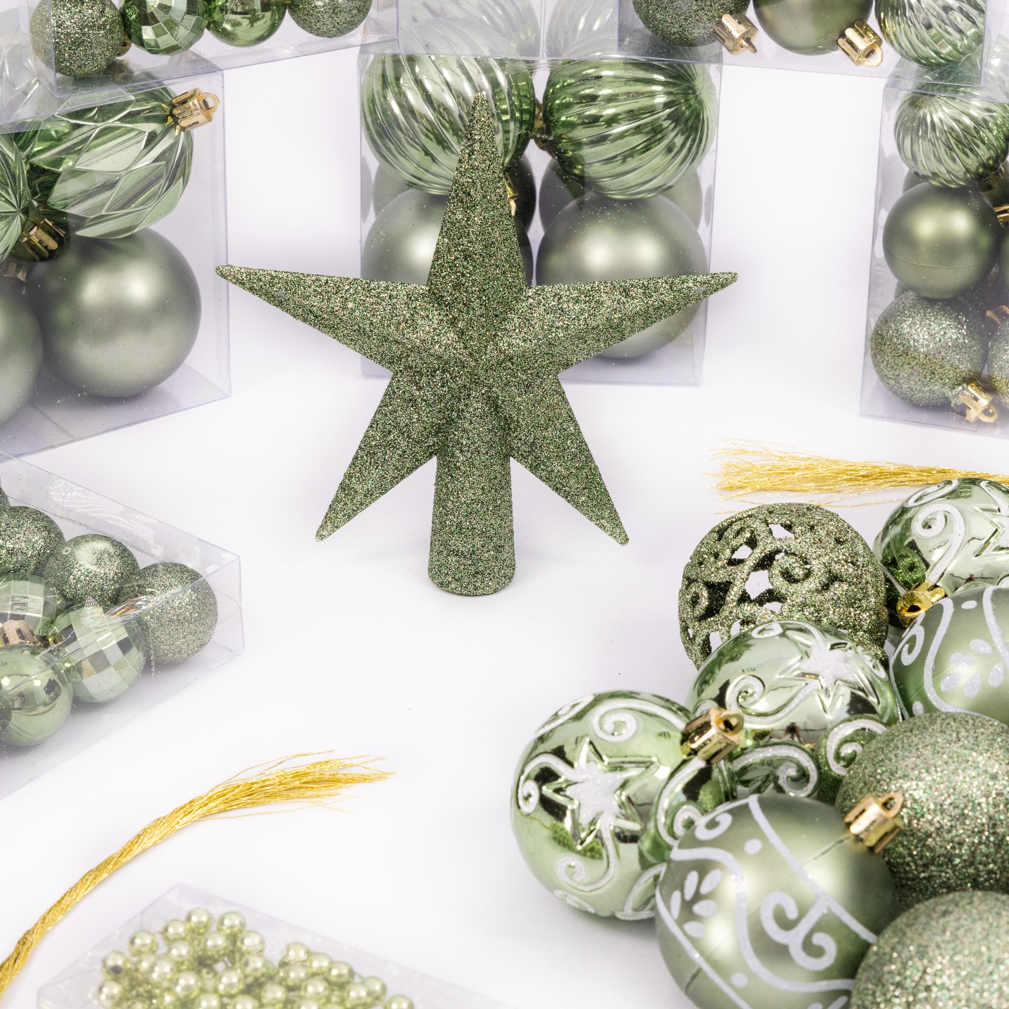 Lot de 100 décorations pour sapin de Noël - Boules, étoile et guirlande de perles - Paillettes, mates et métalliques