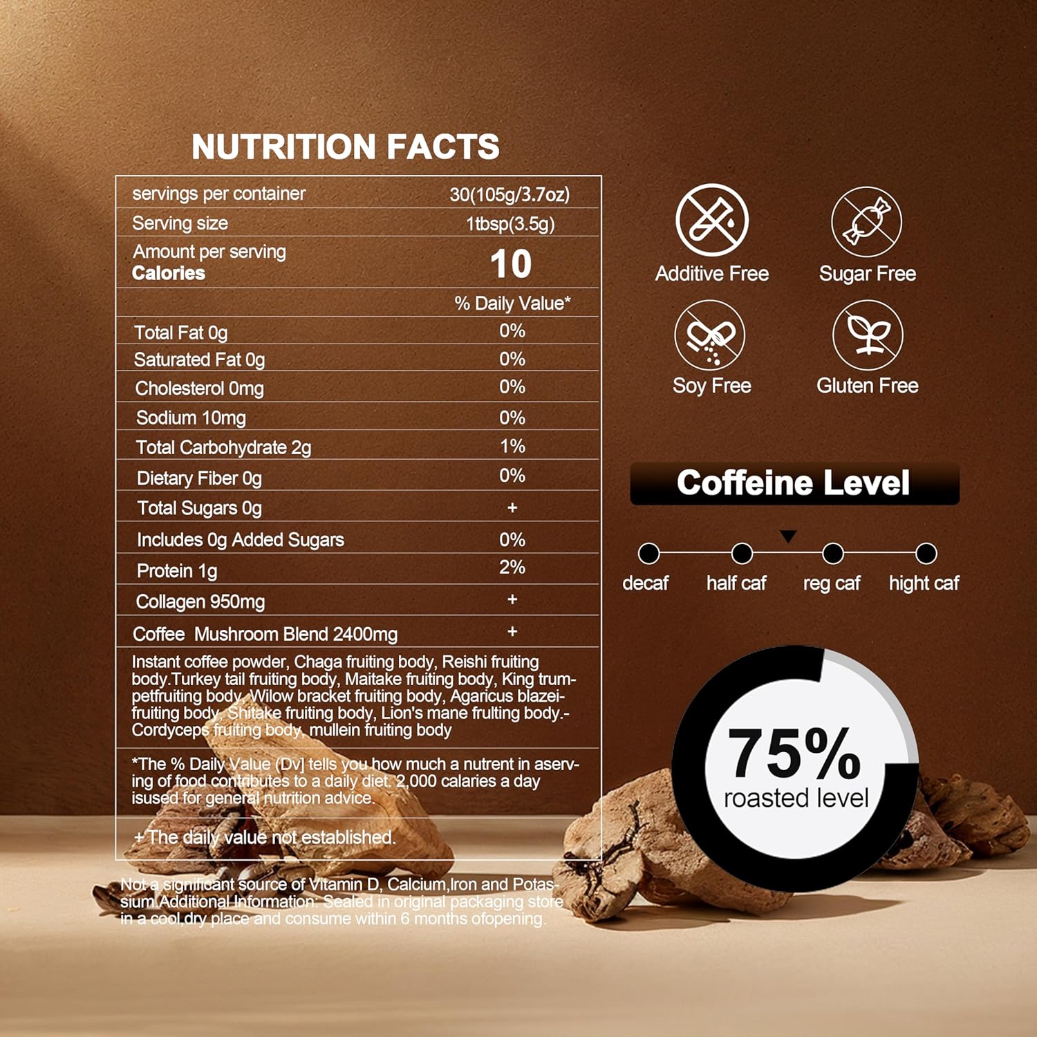 SUNDAFONE Mushroom Coffee with Grass-Fed Collagen, Mullein,Lion's Mane, Reishi and 10 Adaptogenic Mushrooms; Super Instant Cold Brew Protein Iced Coffee Blend; 0g of Sugar, Low Caffeine, 30 Servings - Image 2