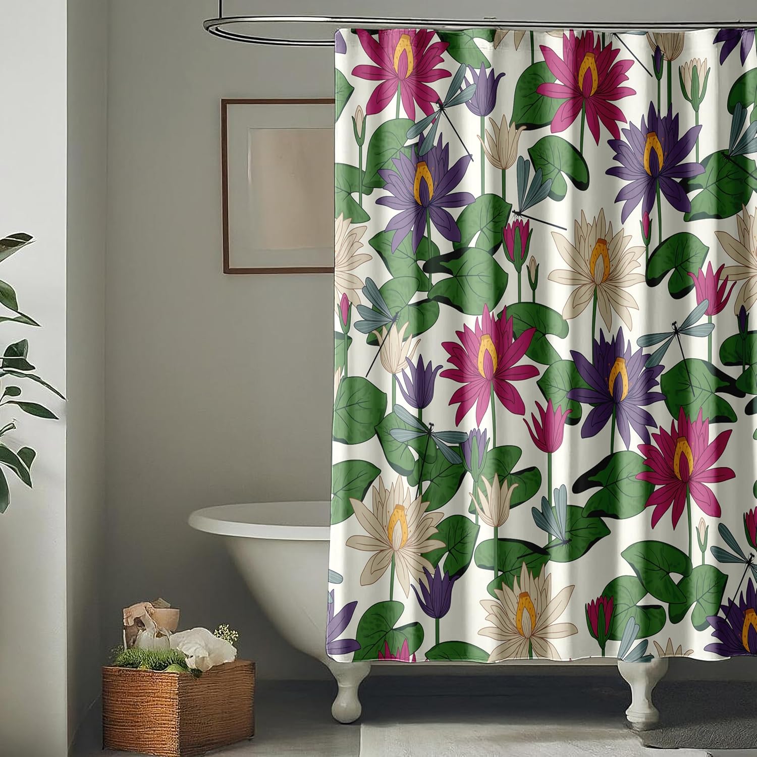 Fabric Shower Curtain with Design | Machine Washable Waterproof Fabric Works as Shower Curtain, Inner Liner, or Both (Lotus Tricolor, 72" L x 72" W)