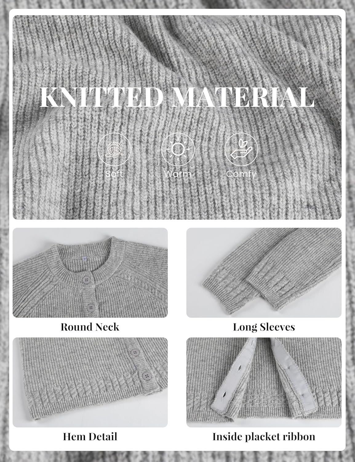 Bianstore Womens Casual Long Sleeve Crewneck Button Down Cardigan Chunky Knit Open Front Sweater Tops - Image 5