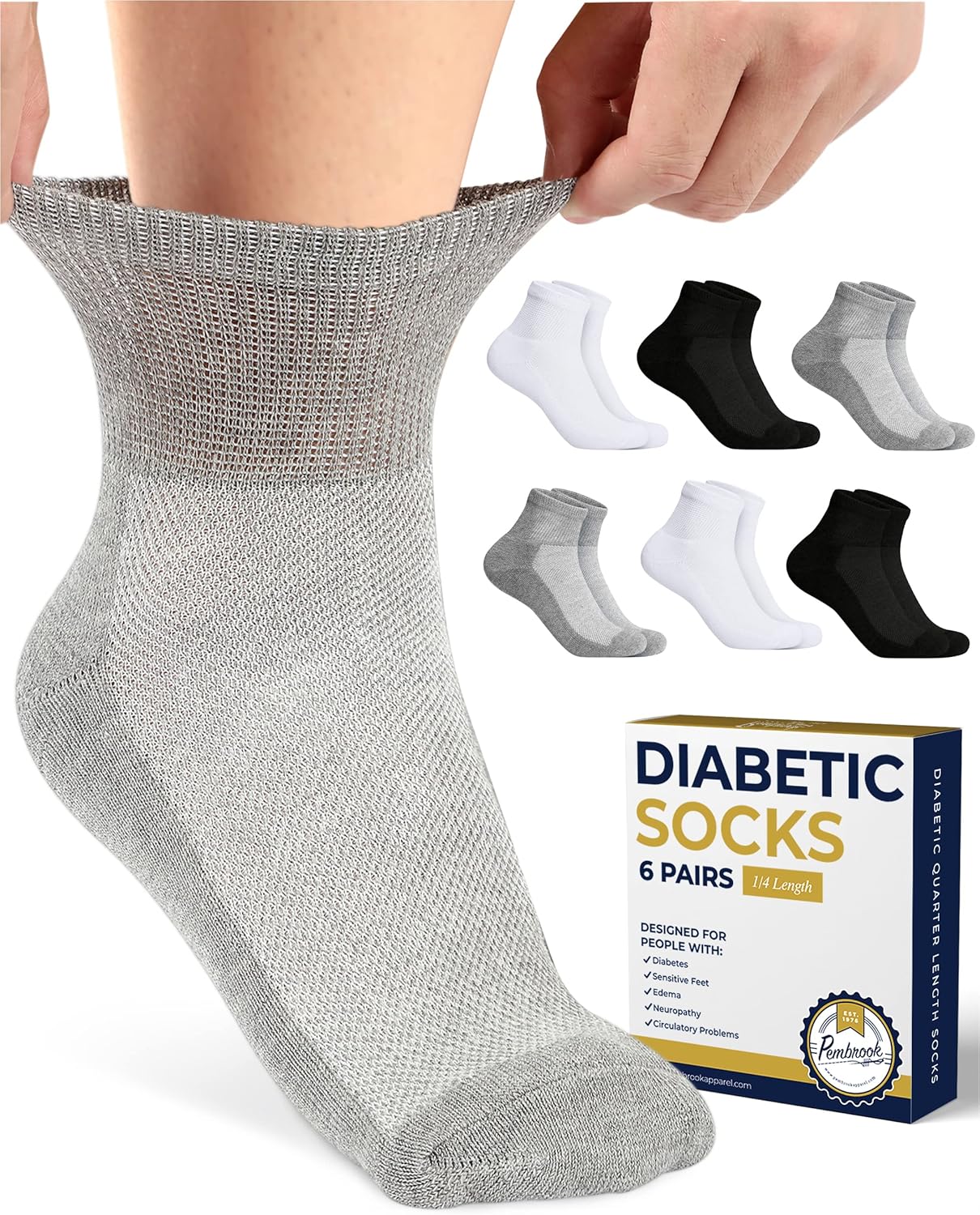 Pembrook Diabetic Ankle Socks for Men & Women 6 Pairs Wide Non Binding Socks