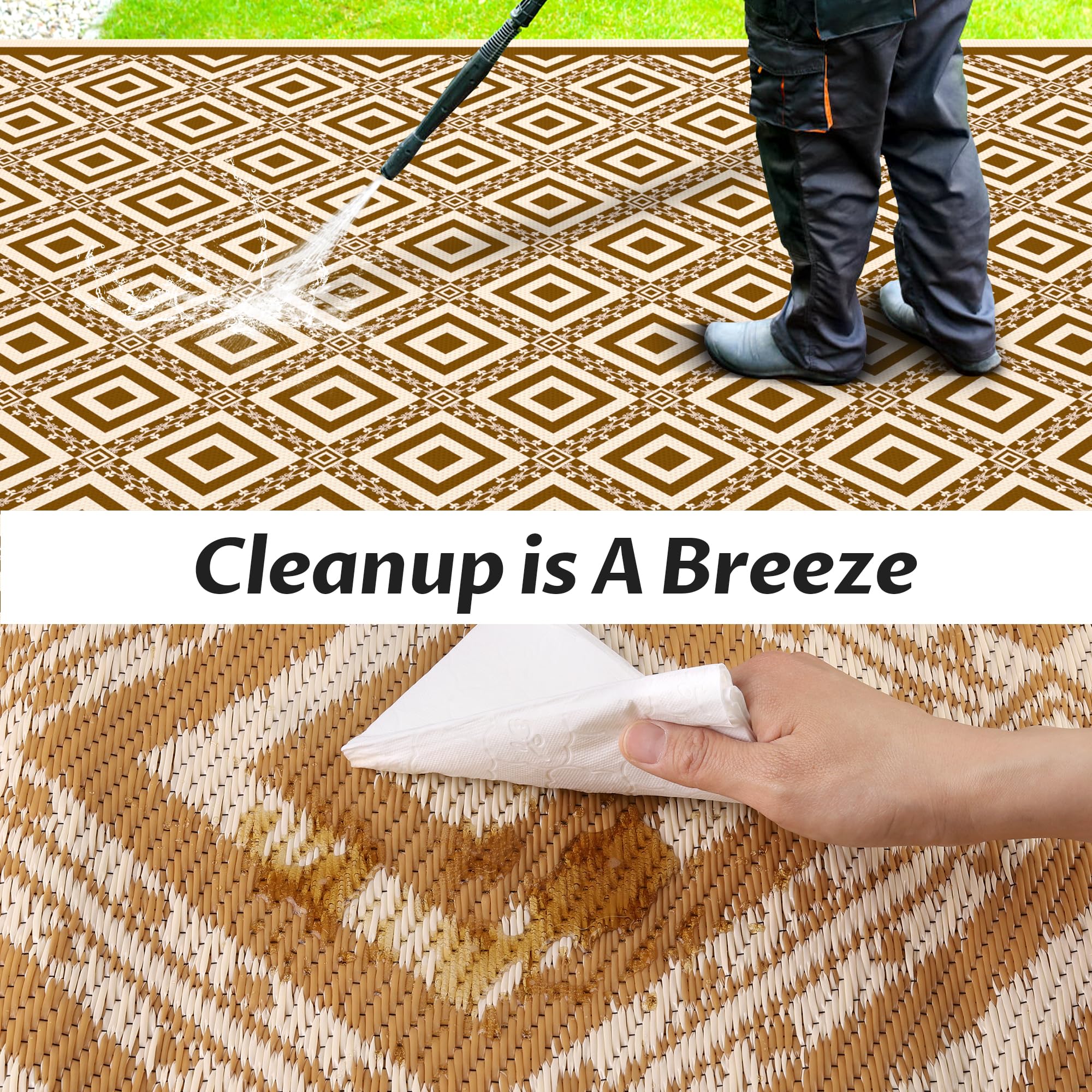 Tapis d'extérieur réversible avec lumières - 2,4 x 3 m - Tapis d'extérieur en paille en plastique imperméable, facile à nettoyer, ne perd pas ses poils, pliable et portable - Tapis réversible pour