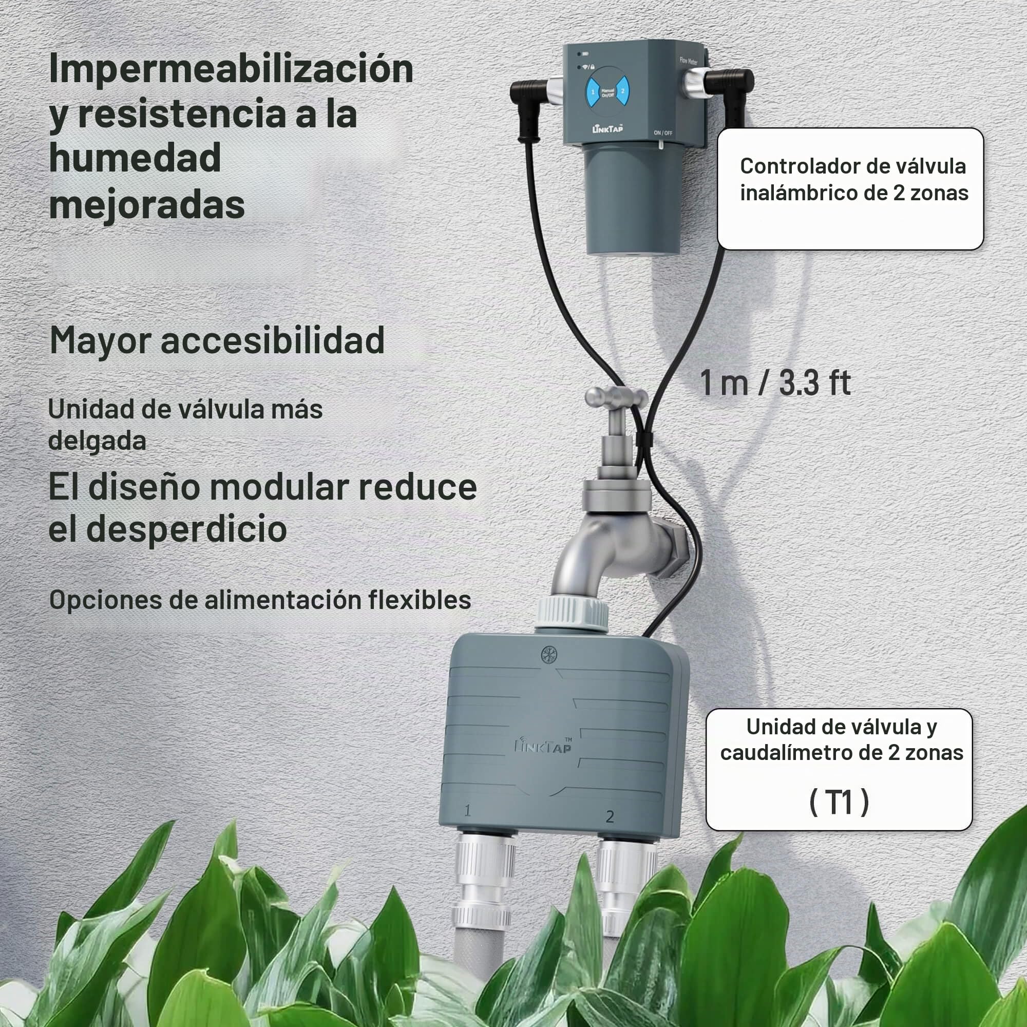 LinkTap T1 Programador de Riego 2 Salidas y Gateway, Alimentación Flex | 2 Caudalímetros, Riego Clima/Volumen/Tiempo, Detección de Fugas y Fallos, Alcance Superior al WiFi, Anti-Helada, IP66, Alexa