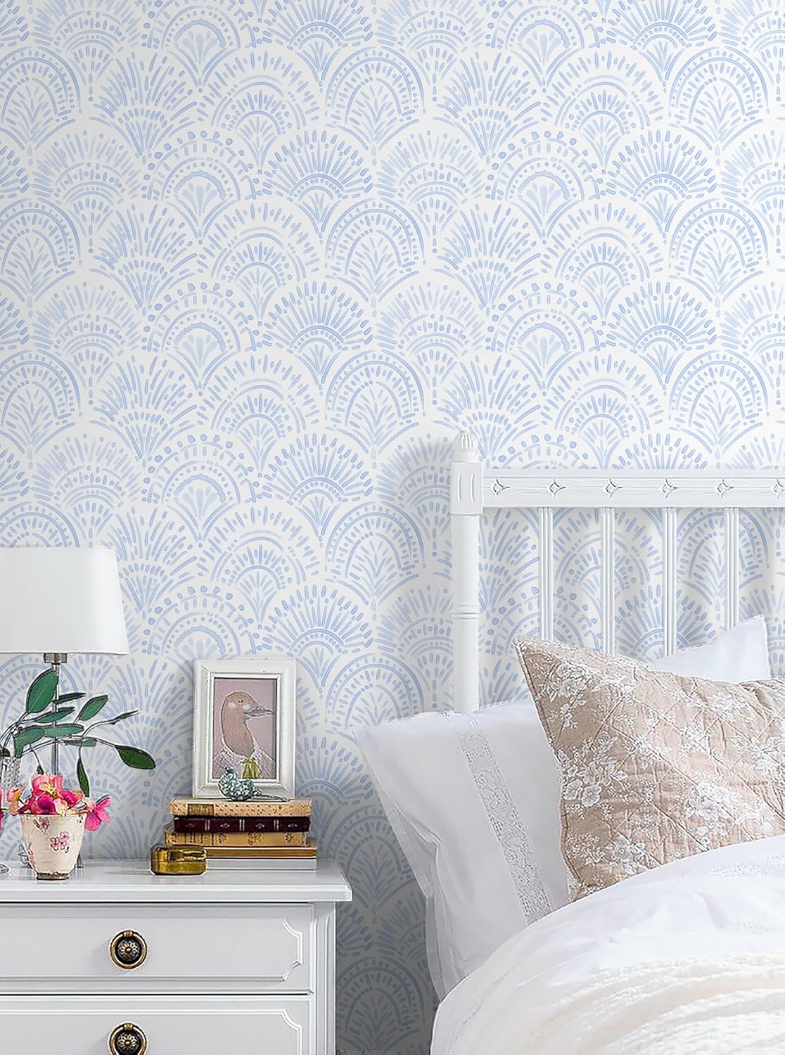 Safiyya Peel and Stick Wallpaper Boho Contact Paper 17.3"x 393" Blue and White Modern Wall Paper Self Adhesive Removable Wallpaper for Bedroom Vinyl Rolls