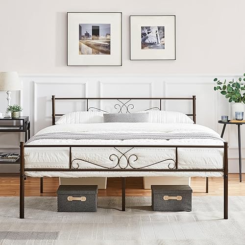 Yaheetech - Base de cama, plataforma clásica de metal con cabecera y estribo - base de colchón con diseño floral para adultos, niñas, niños -