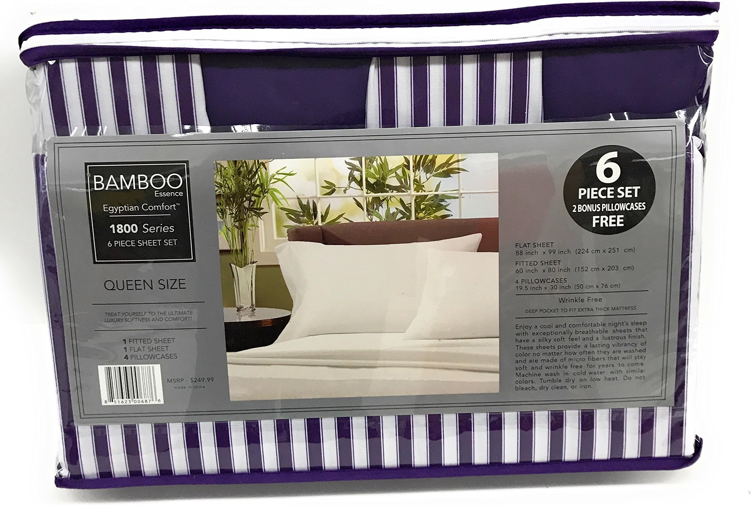 Bamboo Essence Egyptian Comfort 1800 Series 6 Piece Sheet Set, Queen Size , Striped Purple Color