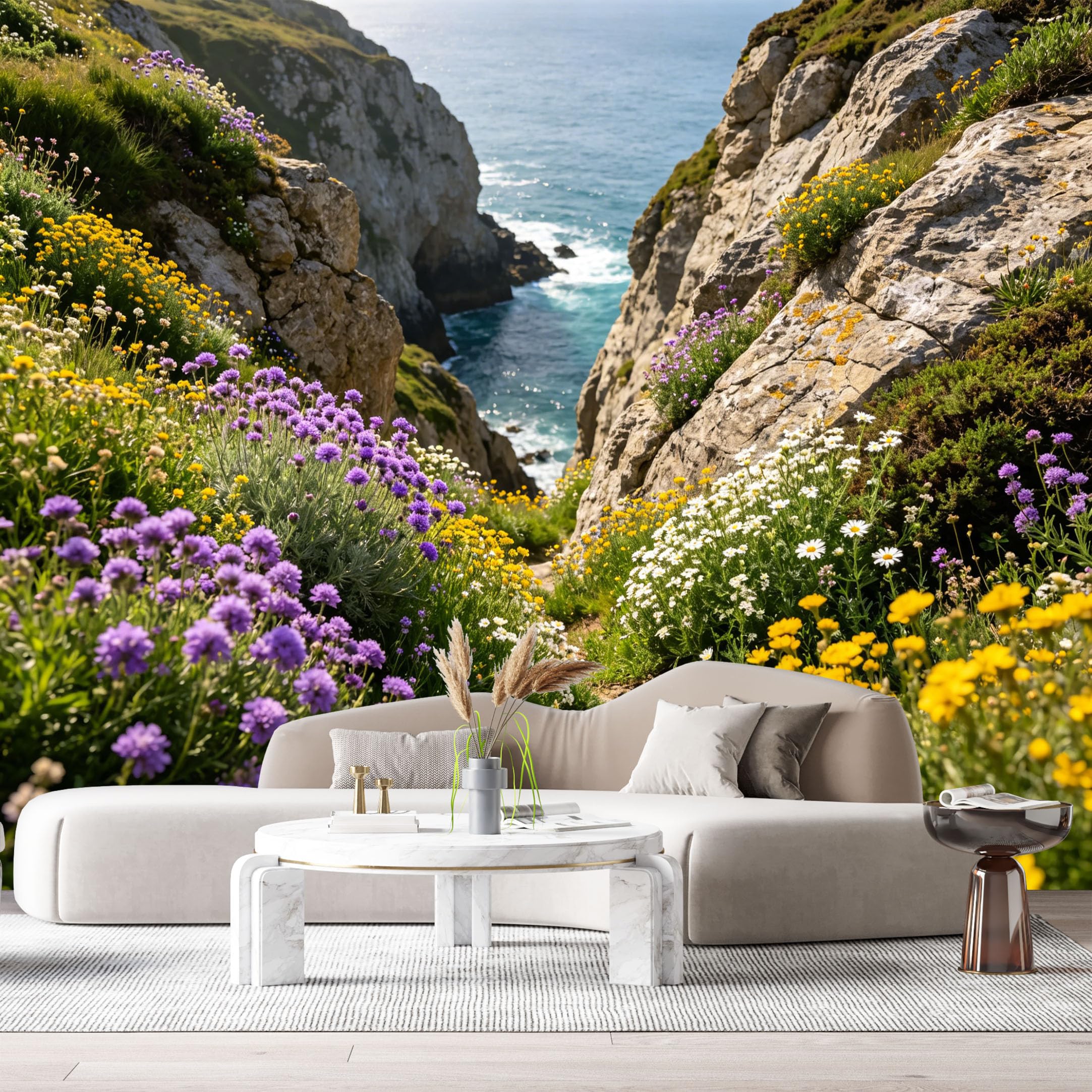 Custom Size Wall Murals Coastal Botanical Landscape Cliff Wildflowers Ocean View SelfAdhesive Wall Fabric Removable Large Wallpaper for Photo Living Room