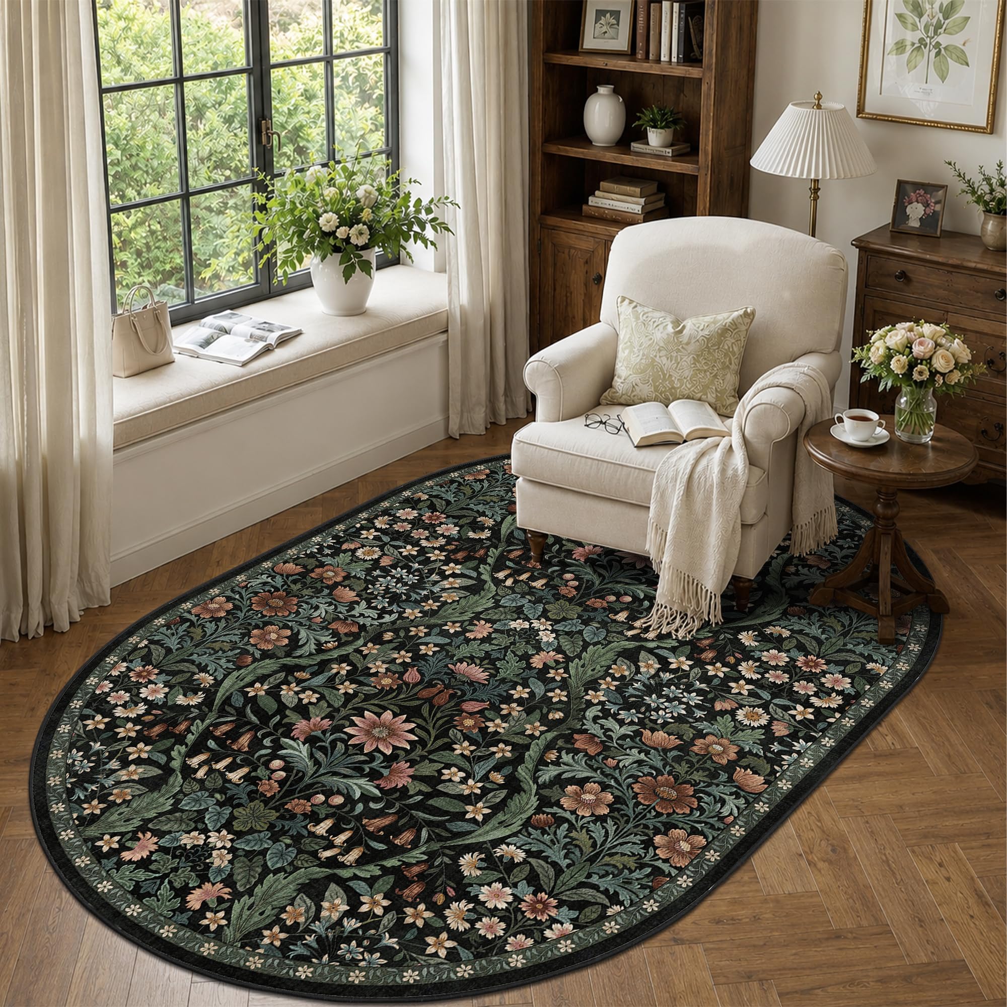 4x6 Oval Washable Rug Black Floral Rug Non-Slip Indoor Carpet