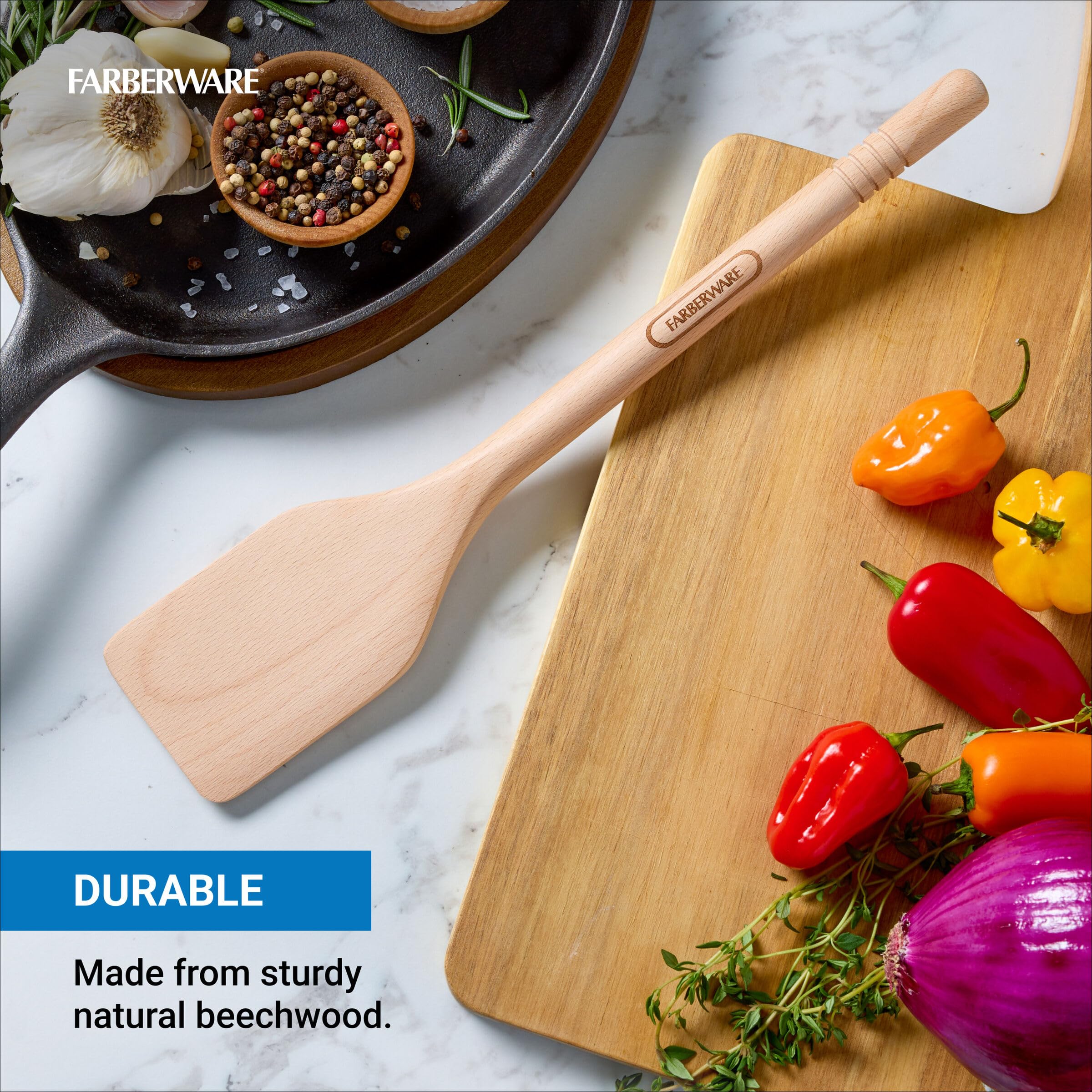 Farberware Beechwood Turner Spatula - Durable Wood Kitchen Utensil with Thin Tapered Edge, Safe for Nonstick Cookware, Perfect for Flipping Pancakes, Eggs, and More