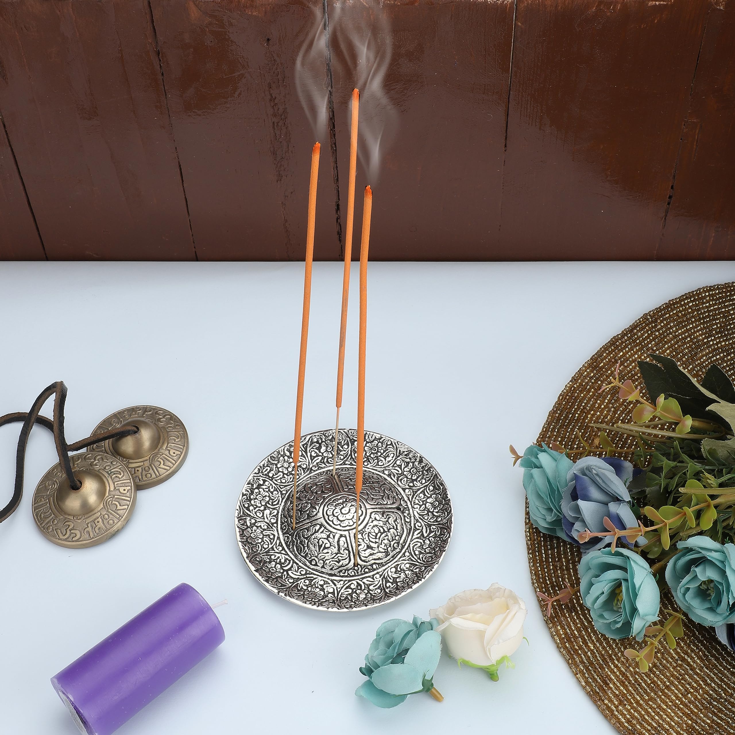 Bruciatore Di Incenso Rotondo In Alluminio Con Simboli Dei Sette Chakra – Porta Bastoncini Con Ceneriere, Finitura Argento Tibetano, Diametro 11.5 Cm Per Meditazione E Arredamento Casa - 2