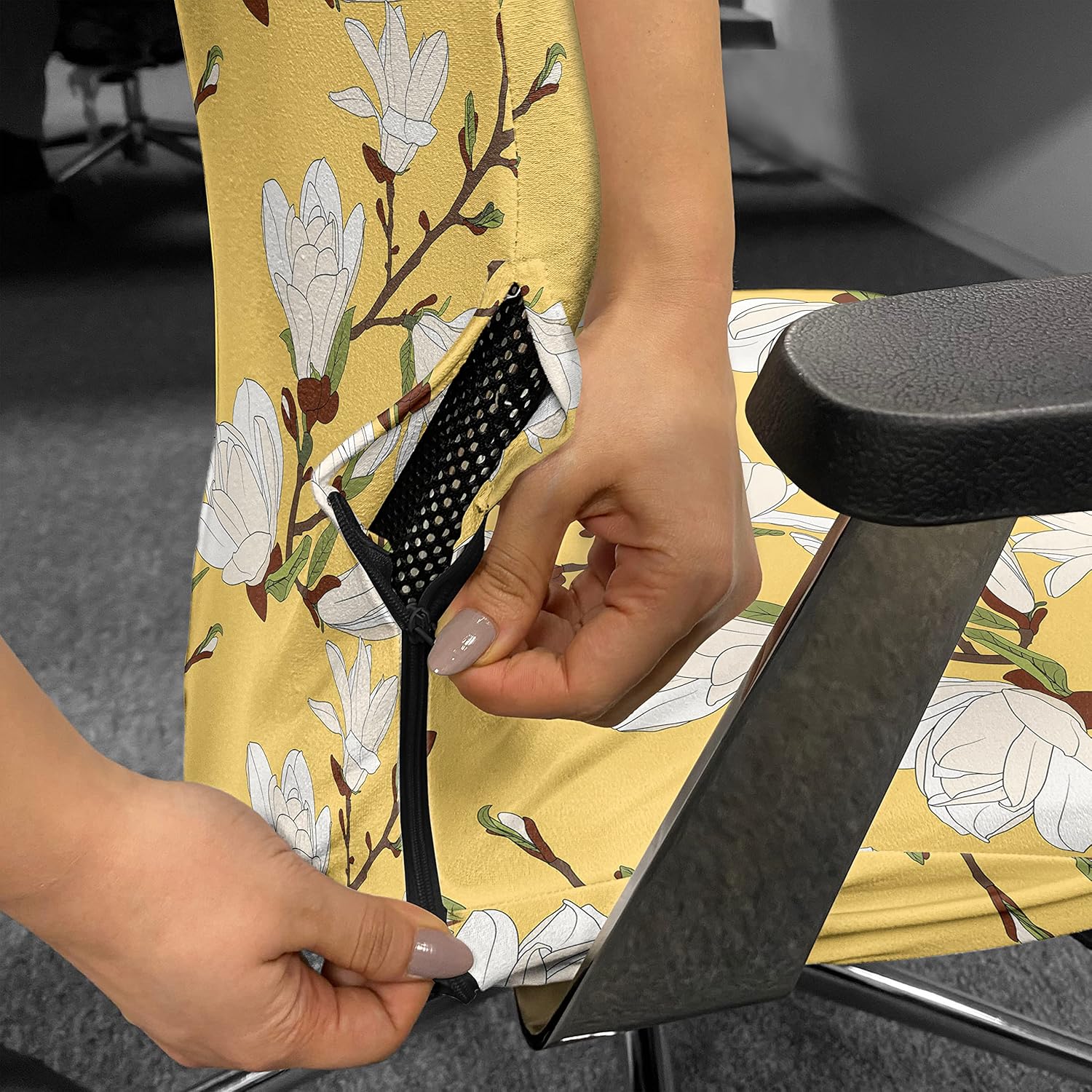 Ambesonne Floral Office Chair Cover, Retro Magnolia Tree Branch Flourishing Fragrance Blossoms Pattern Print, Stretchable Decorative Universal Size High Back Printed Slipcover, Mustard Brown