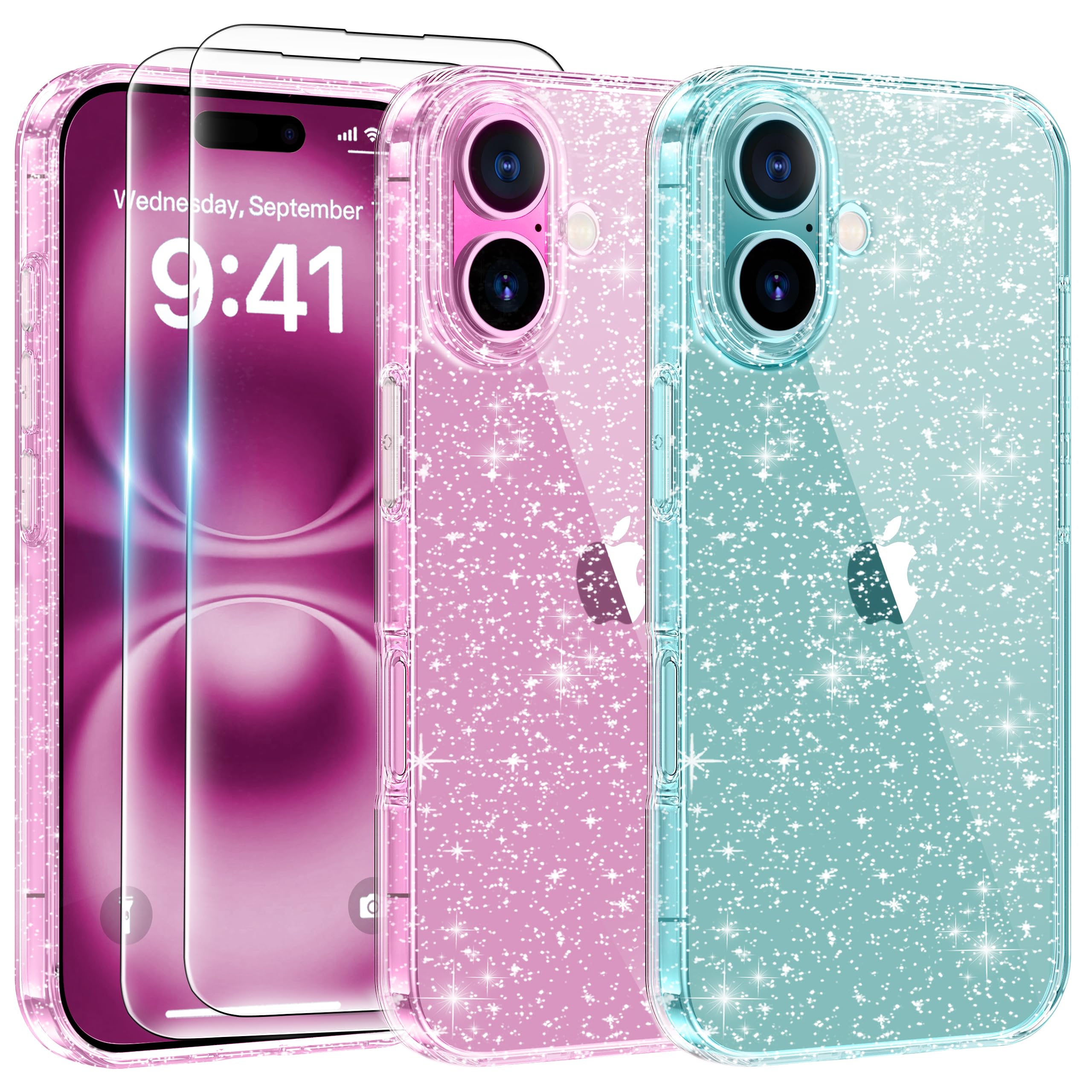 AROYI 3 in 1 Clear Glitter Case Compatible with iPhone 16 Case with 2 Tempered Glass Screen Protector, Soft Bumper Anti-Scratch Sparkle Bling Women Girls Phone Case for iPhone 16